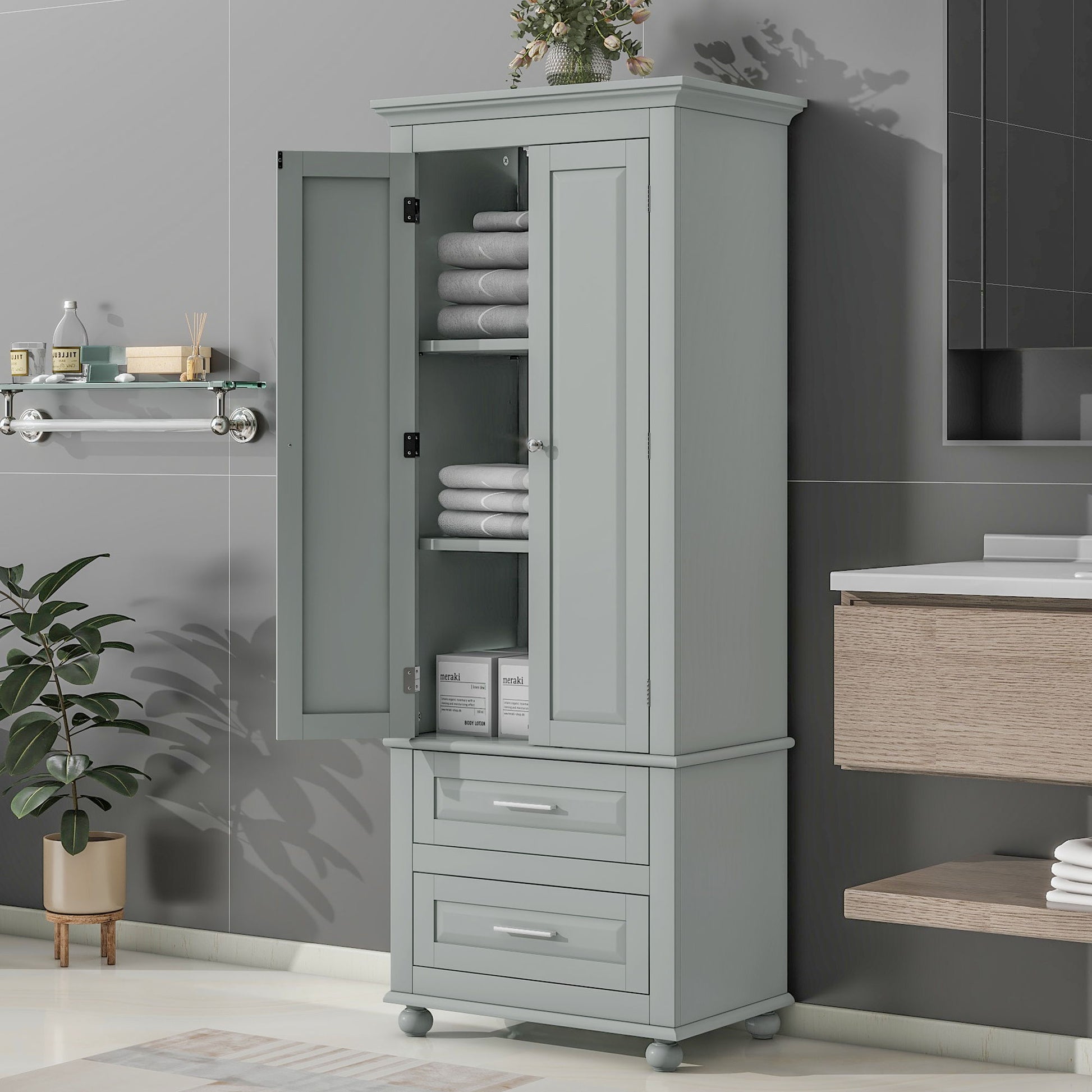 Tall Storage Cabinet With 2 Drawers For Bathroom