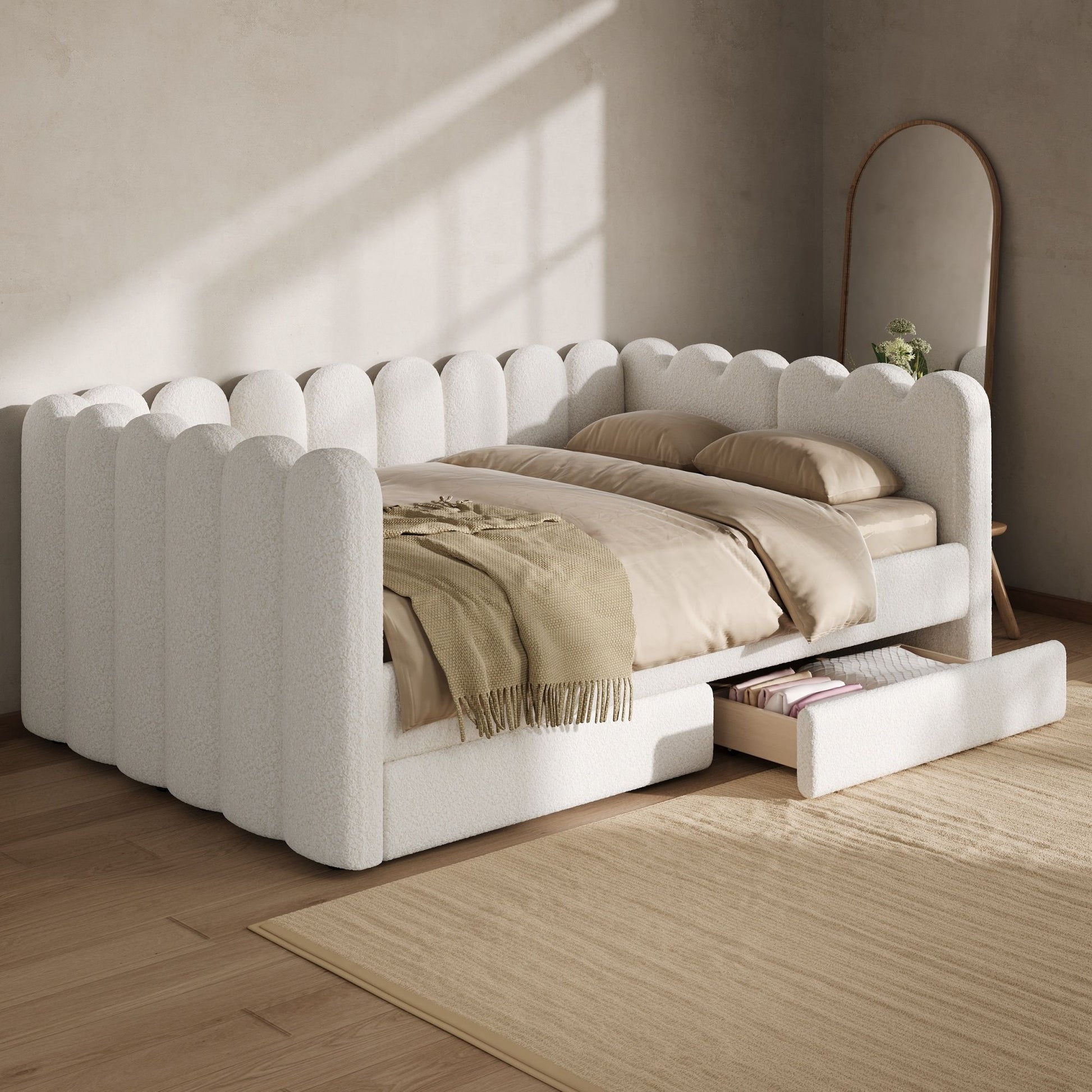 Upholstered Daybed With Curved Ribbed Panel Design