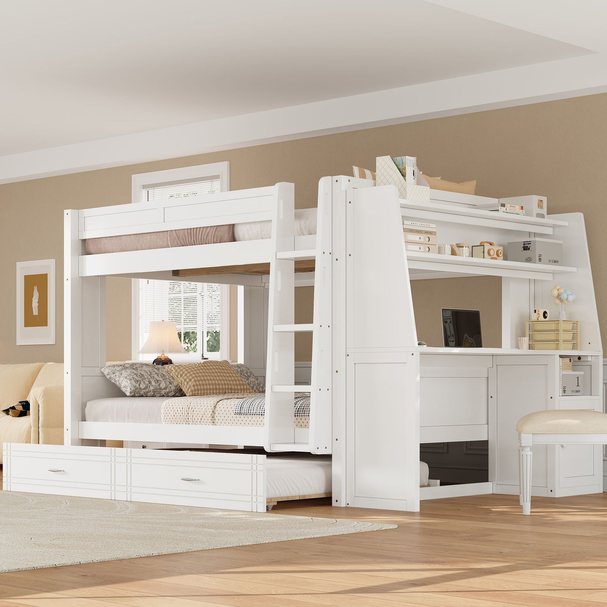Multifunctional Bunk Bed With Desk, Bookshelves