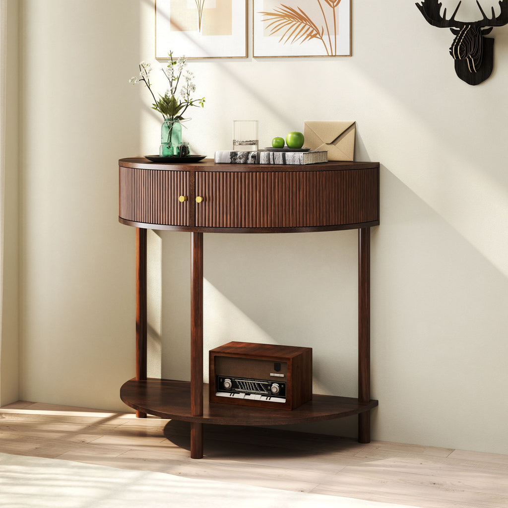 Artisan Crafted Wave Pattern Demi Lune Console Table With Brown Woodgrain, Unique Half Moon Design End Table With 2 Storage Drawers And Bottom Shelf For Living Room, Bedroom, Study, Hallway - Brown