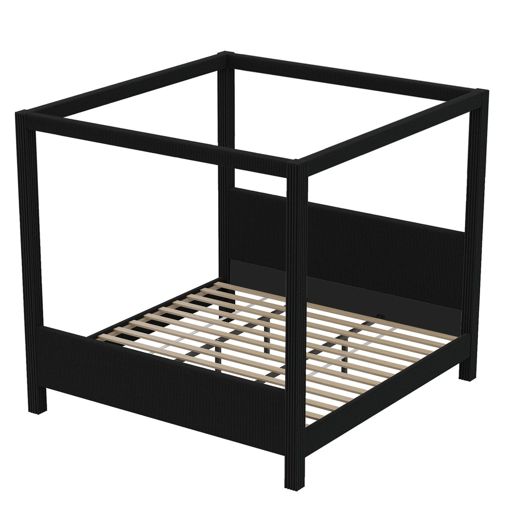 Upholstered Canopy Platform Bed With Headboard And Footboard, Vertical Ribbed Design