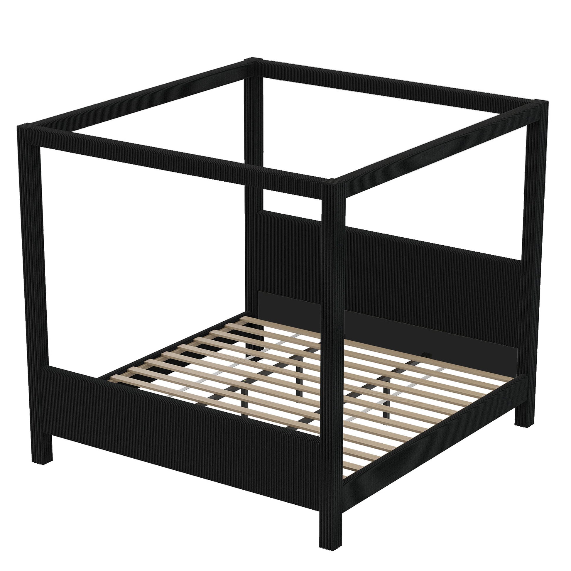 Upholstered Canopy Platform Bed With Headboard And Footboard, Vertical Ribbed Design