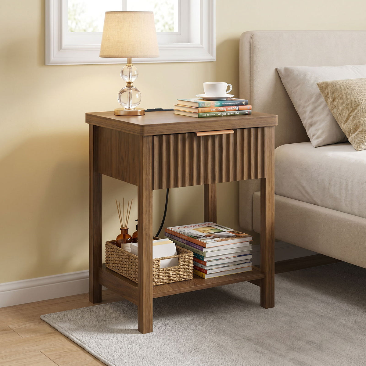 Nightstand, Bedside Table With Built In Charging Station (Set of 2) - Walnut