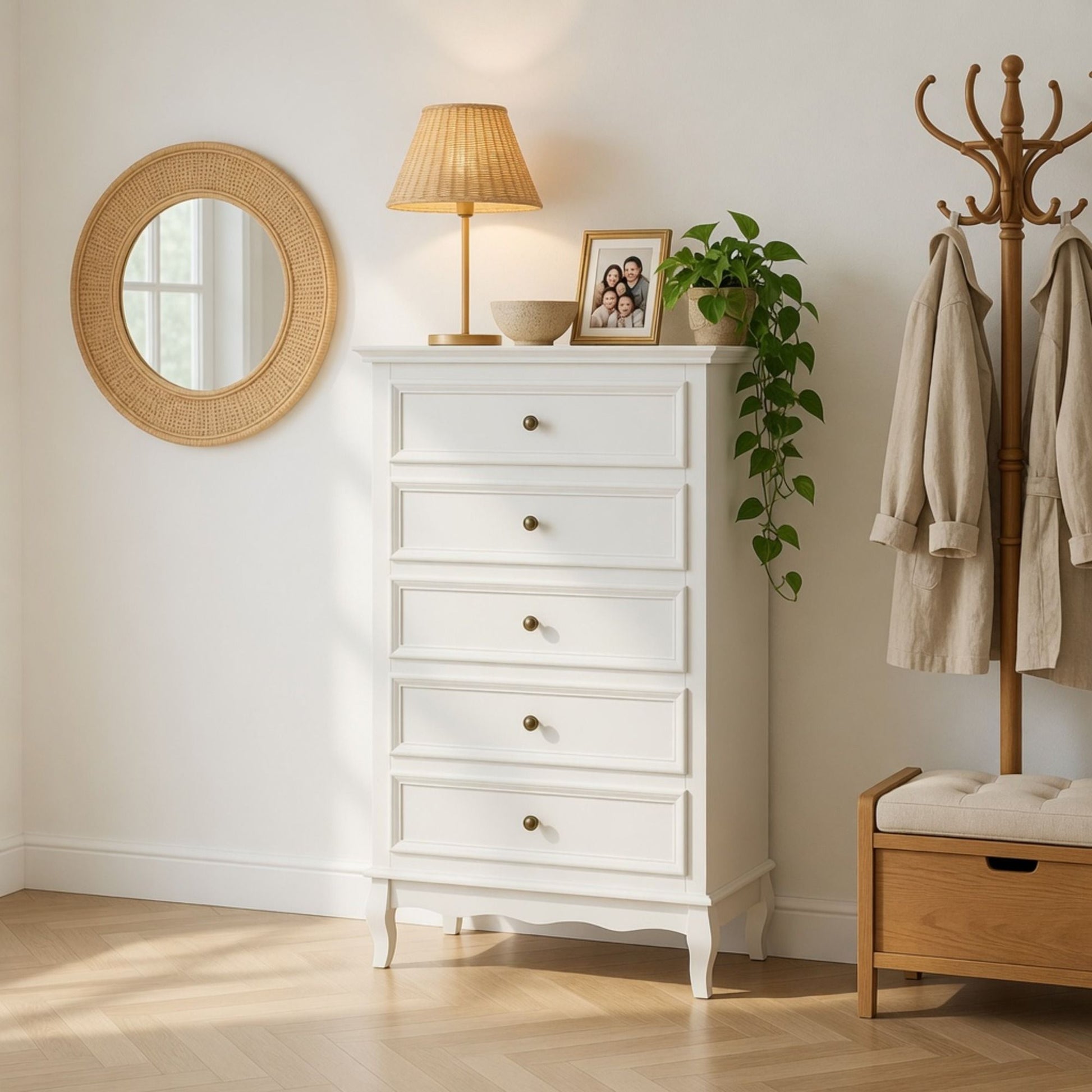 5 Drawer Tall Wide Chest Of Drawers - White