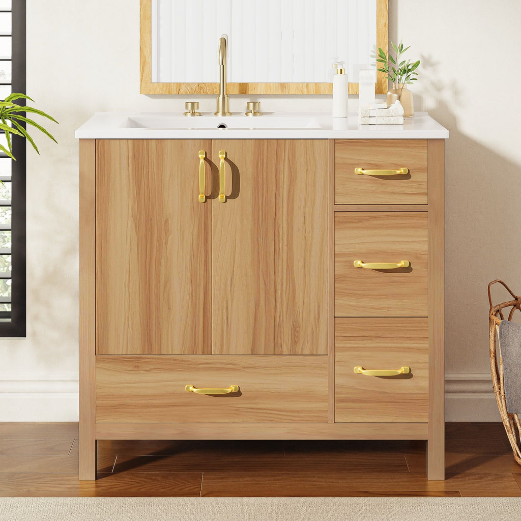36" Bathroom Vanity, 2 Soft Close Doors, 4 Soft Close Drawers, Adjustable Shelf, Storage Cabinet - Acacia Wood