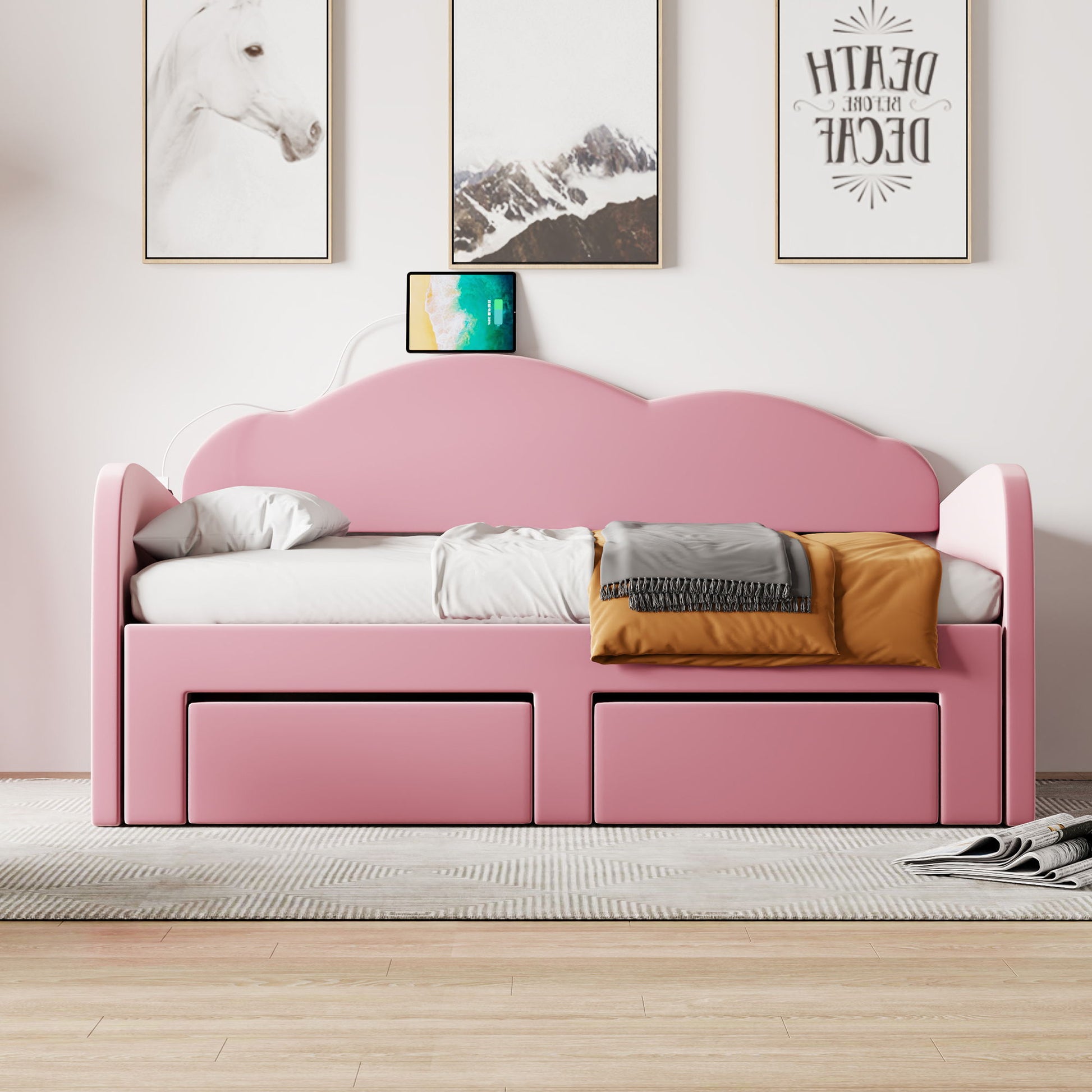 Upholstered Daybed With Cloud-Shaped Backrest, Trundle & 2 Drawers And USB Ports