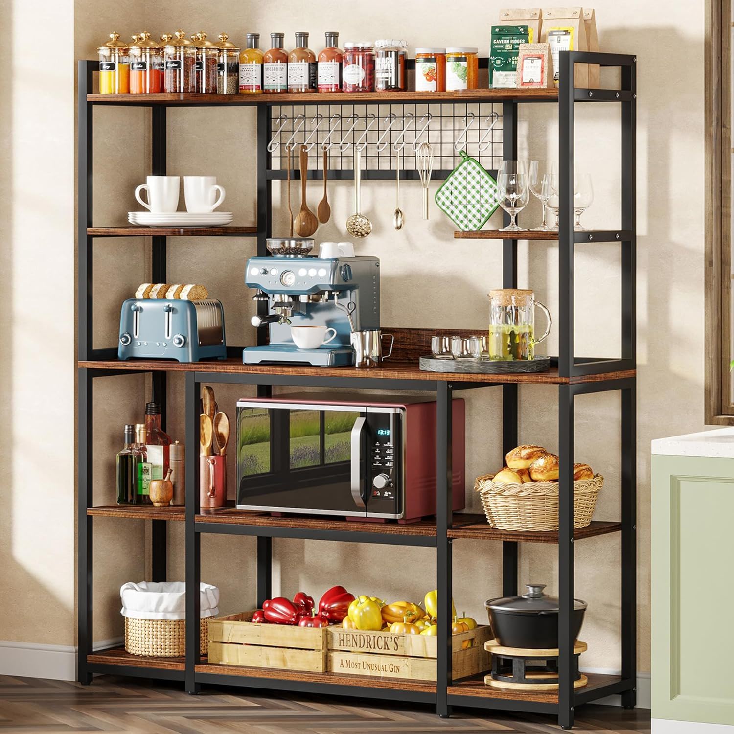 Baker's Rack With Hutch, 5 Tier Kitchen Storage Shelf, Freestanding Utility Pantry Organizer With Hooks And Microwave Stand - Black