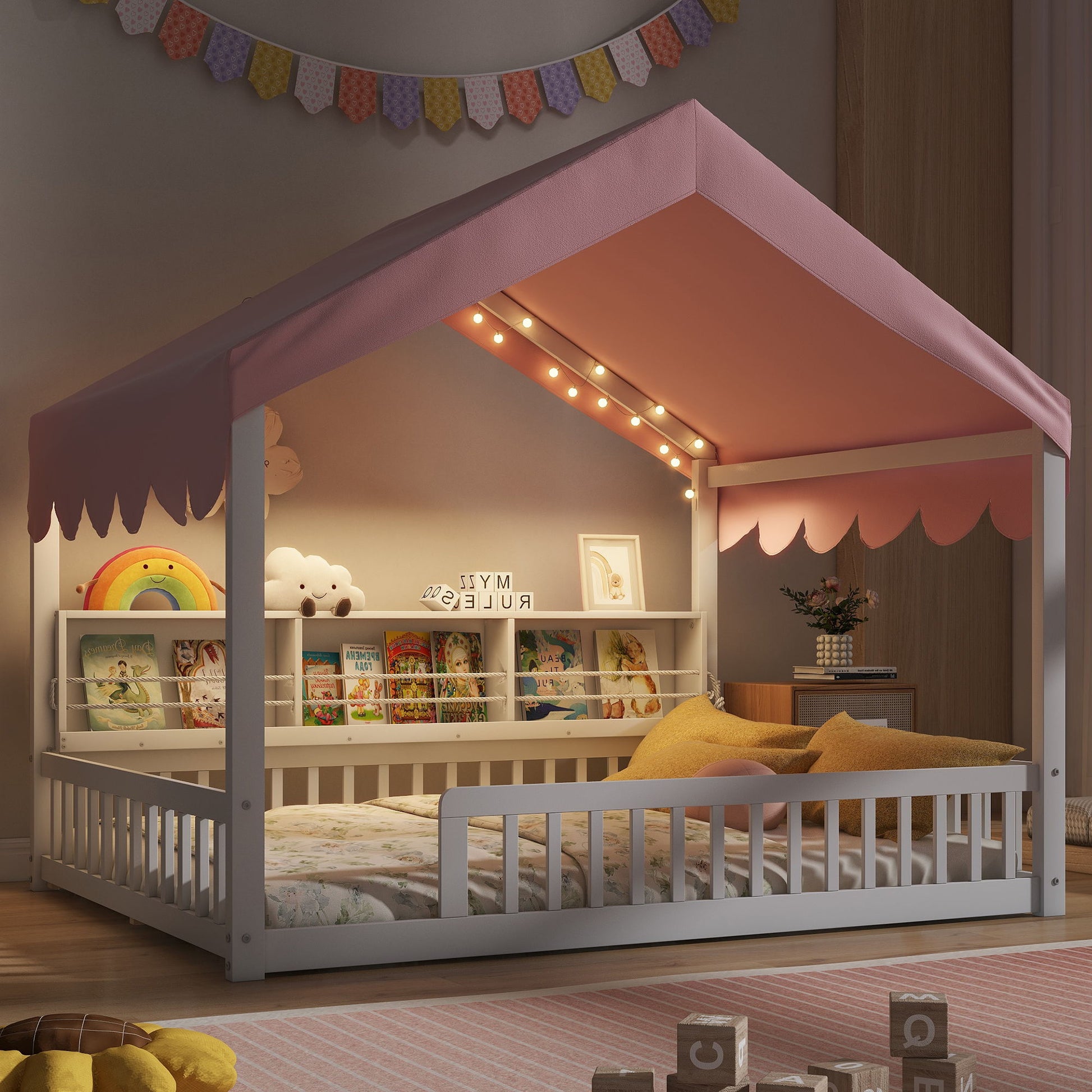 House Shaped Floor Bed With Fense, 3 Storage Bookshelves, Curtain And LED Light