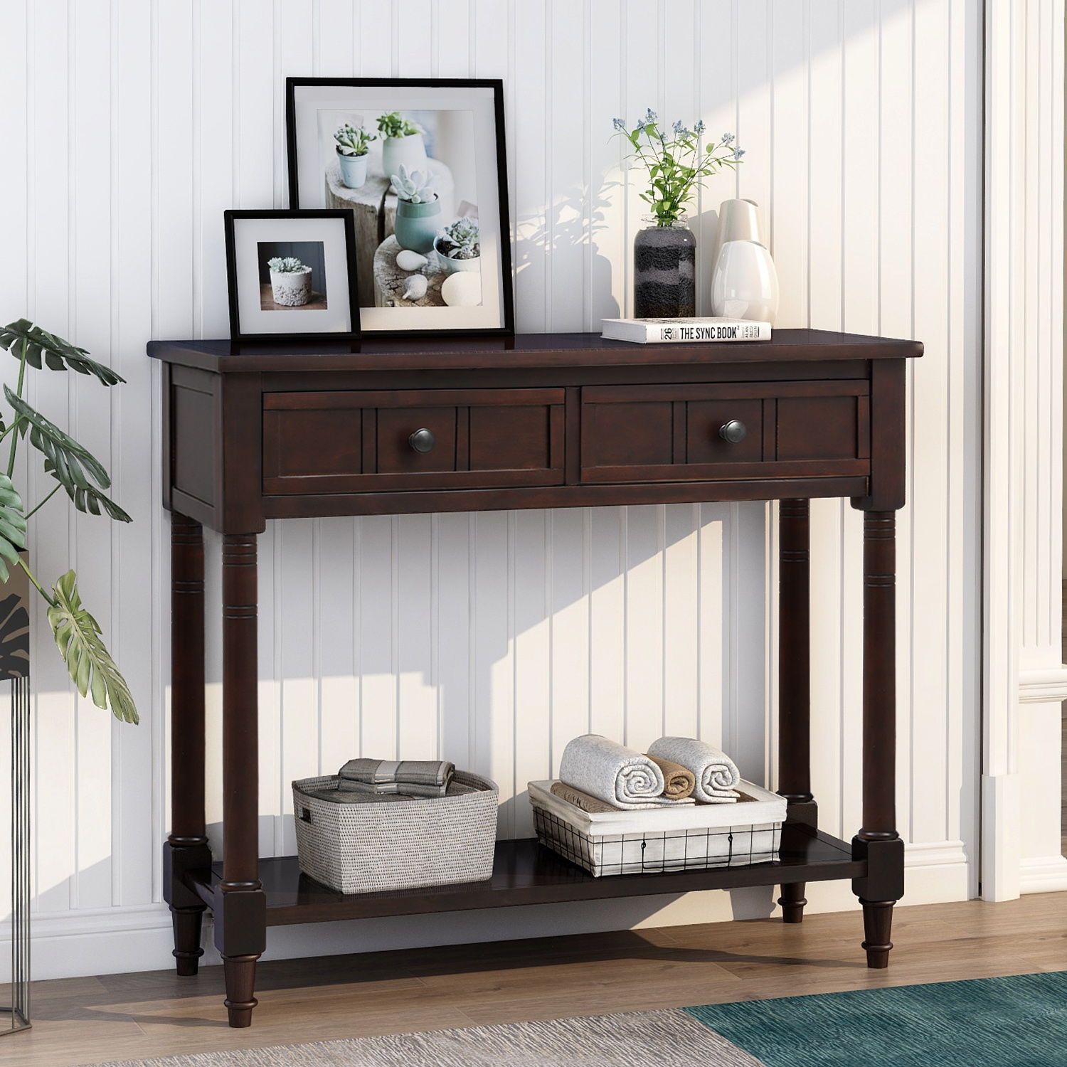 Hearth & Haven Emily Daisy - Console Table With 2 Drawers And Bottom Shelf - Espresso