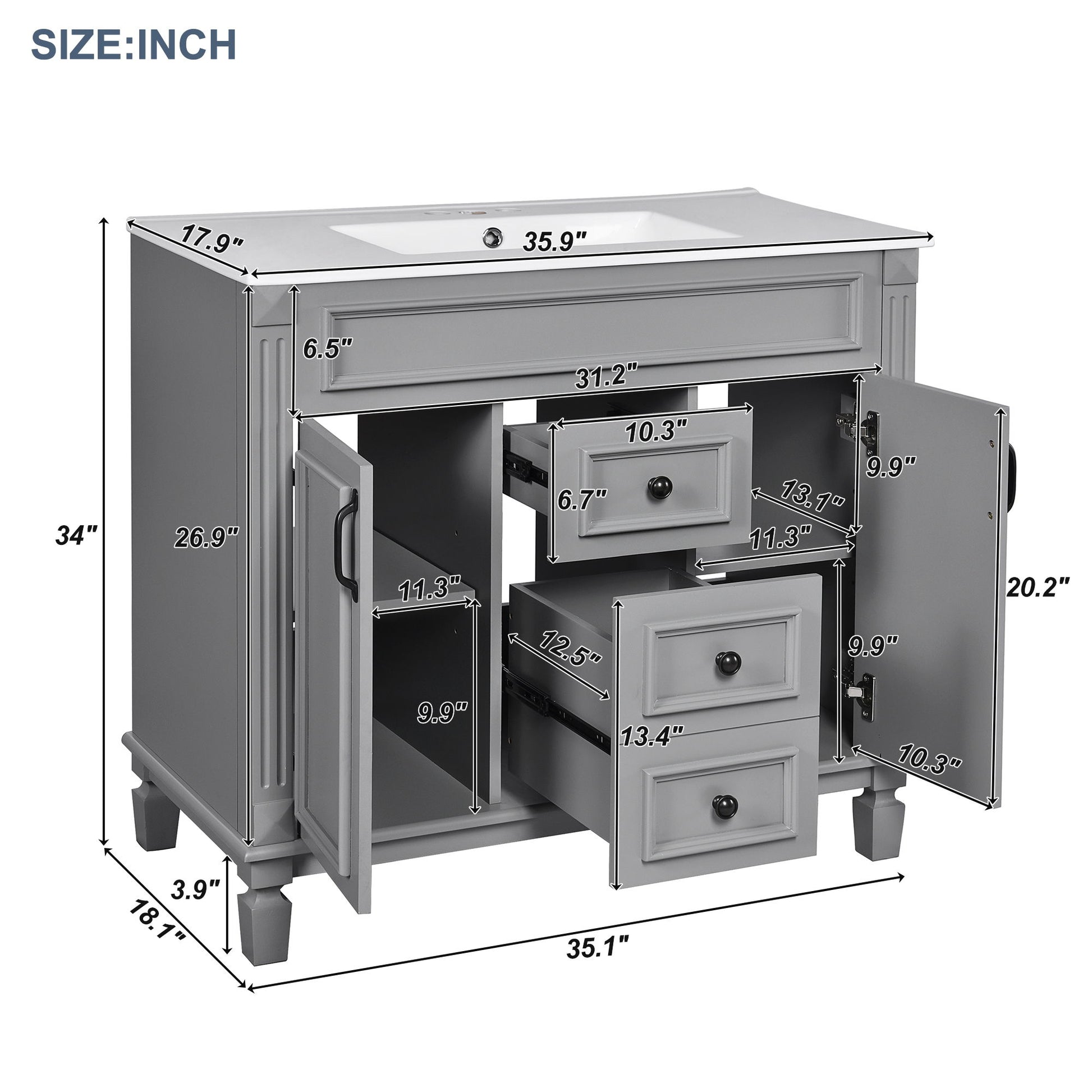 Bathroom Vanity With Top Sink, Basin On Cabinet With 2 Soft Closing Doors And 2 Drawers