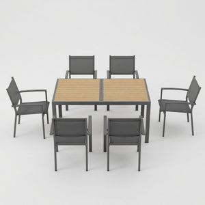 7 Piece Gray Patio Dining Set With Hdps Table And Textilene Chairs For Outdoor Use, Metal Furniture
