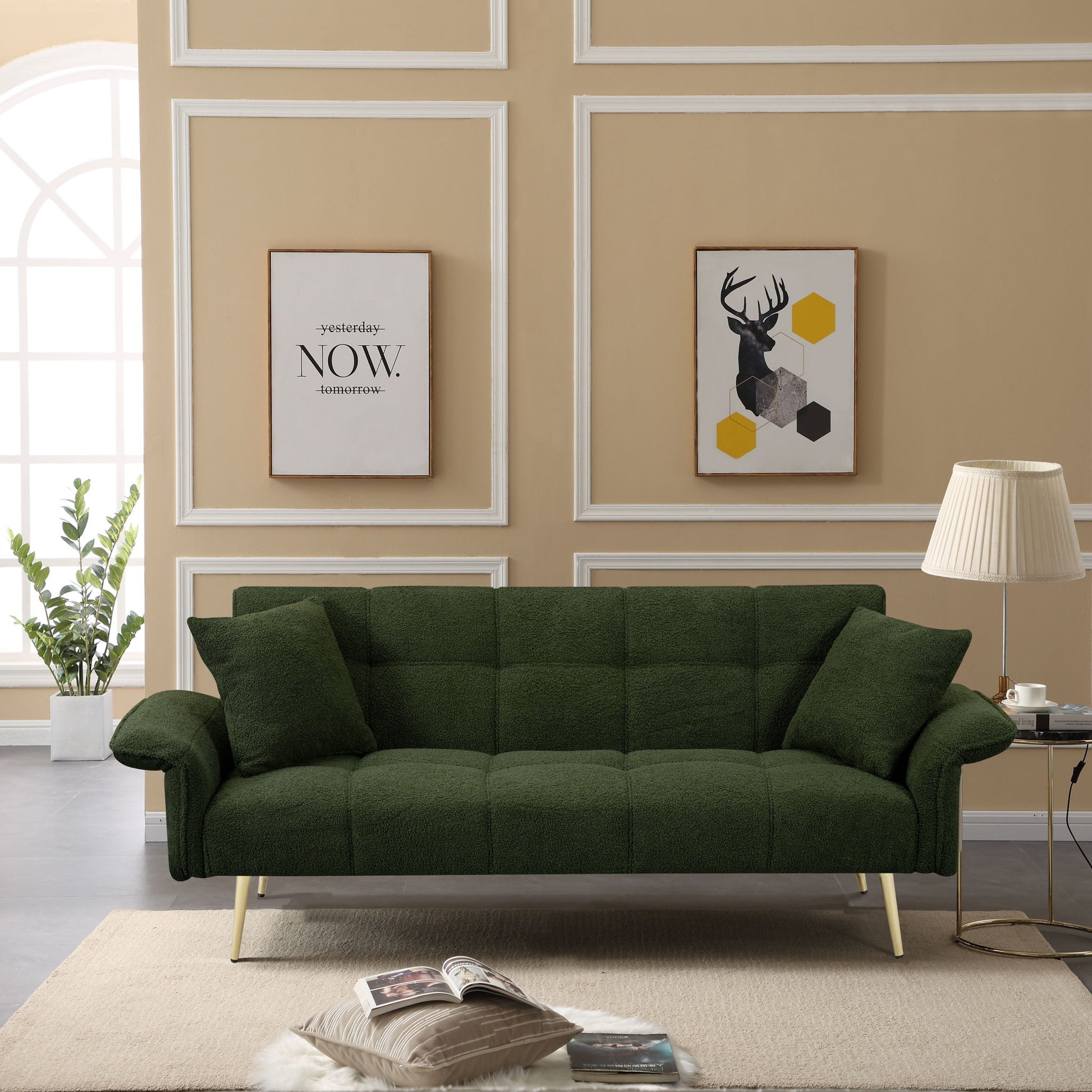 Convertible Double Futon Sofa Bed With Folding Armrests For Living Rooms