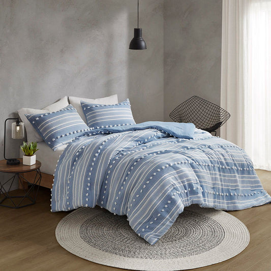 Rowan - Striped Clipped Jacquard Queen Duvet Cover Set - Blue