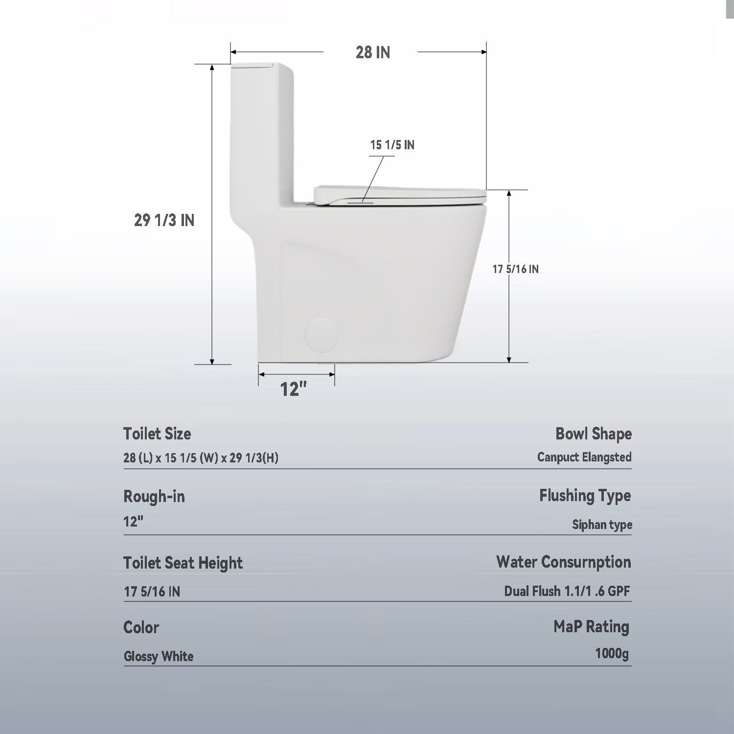 Upgraded Design Armrest, With Glossy Gw 007 1 Piece Toilet With Tornado Flush, Soft Close Seat, Dual Flush Map 1000G, Comfort Chair Seat - Gloss White