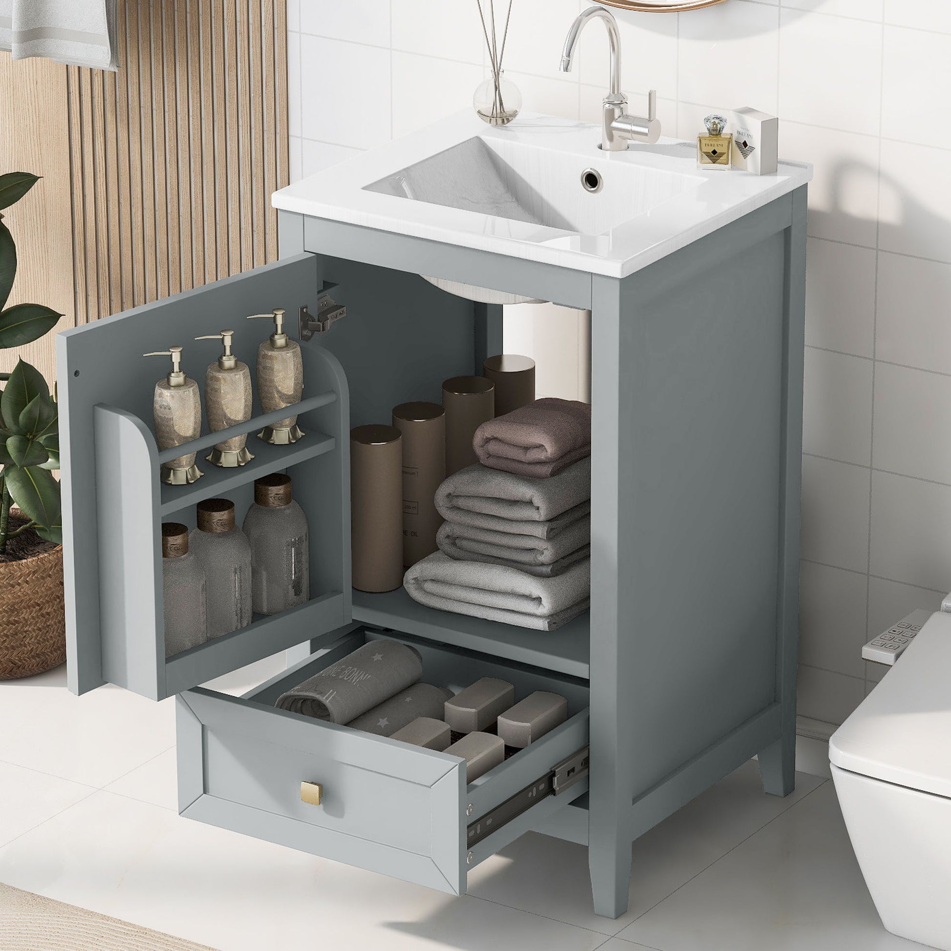Bathroom Vanity With Sink, Soft Closing Cabinet Door, Storage Rack And Drawer