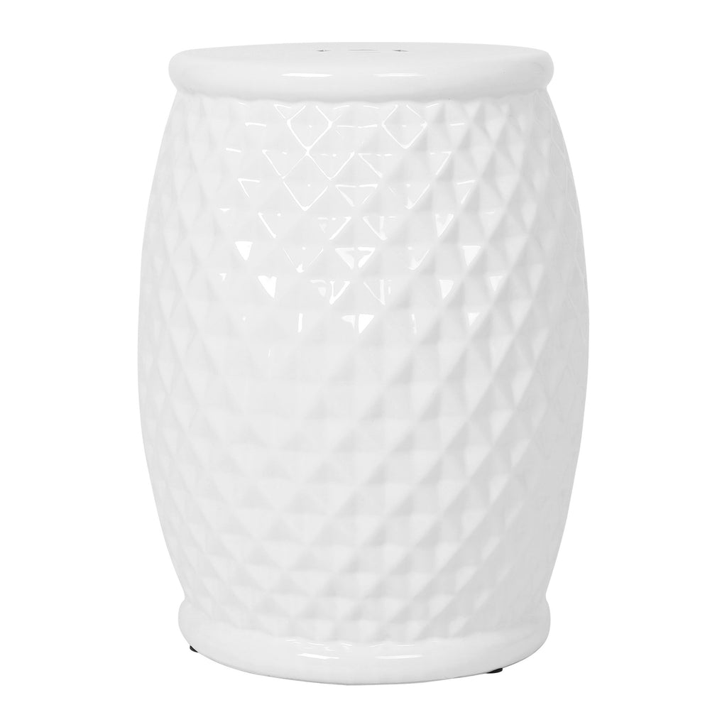 Glazed Ceramic Drum Stool Indoor / Outdoor Side Table Ceramic - White