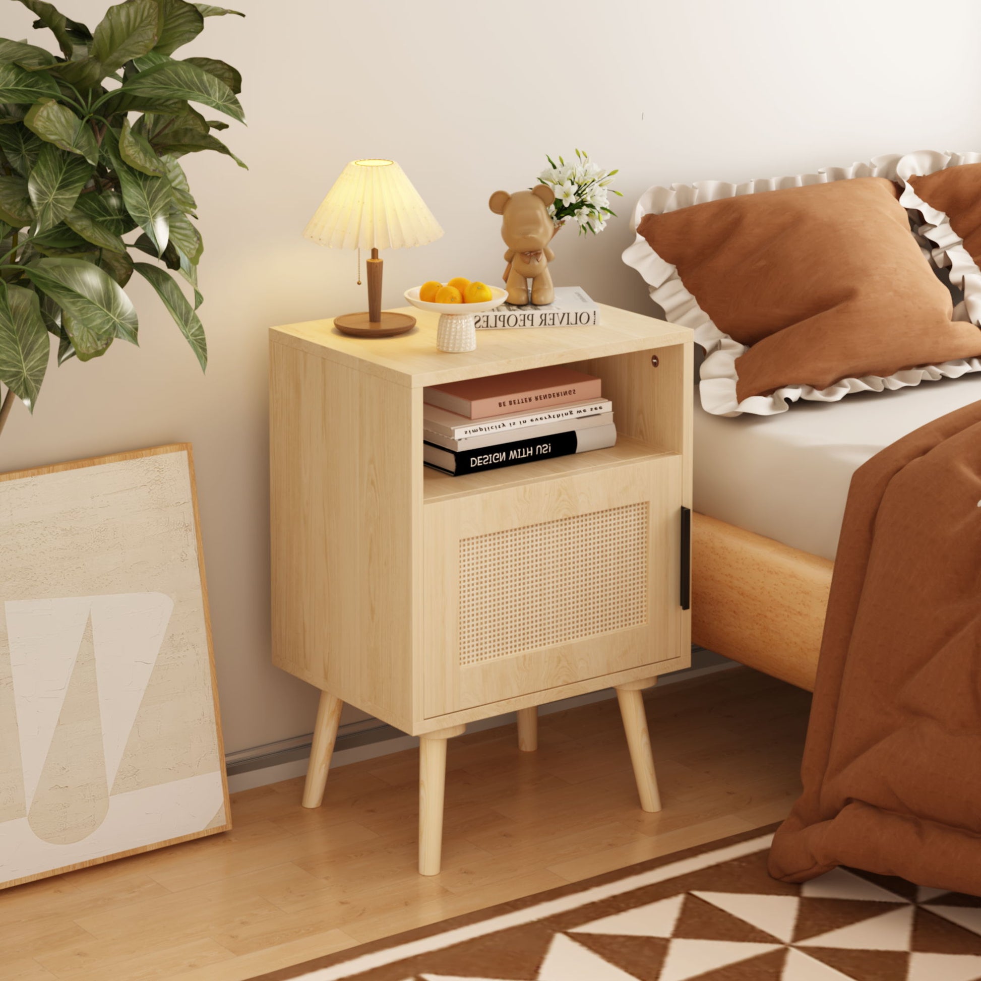 Nightstand, Side Table With Door And Open Shelf For Bedroom - Oak