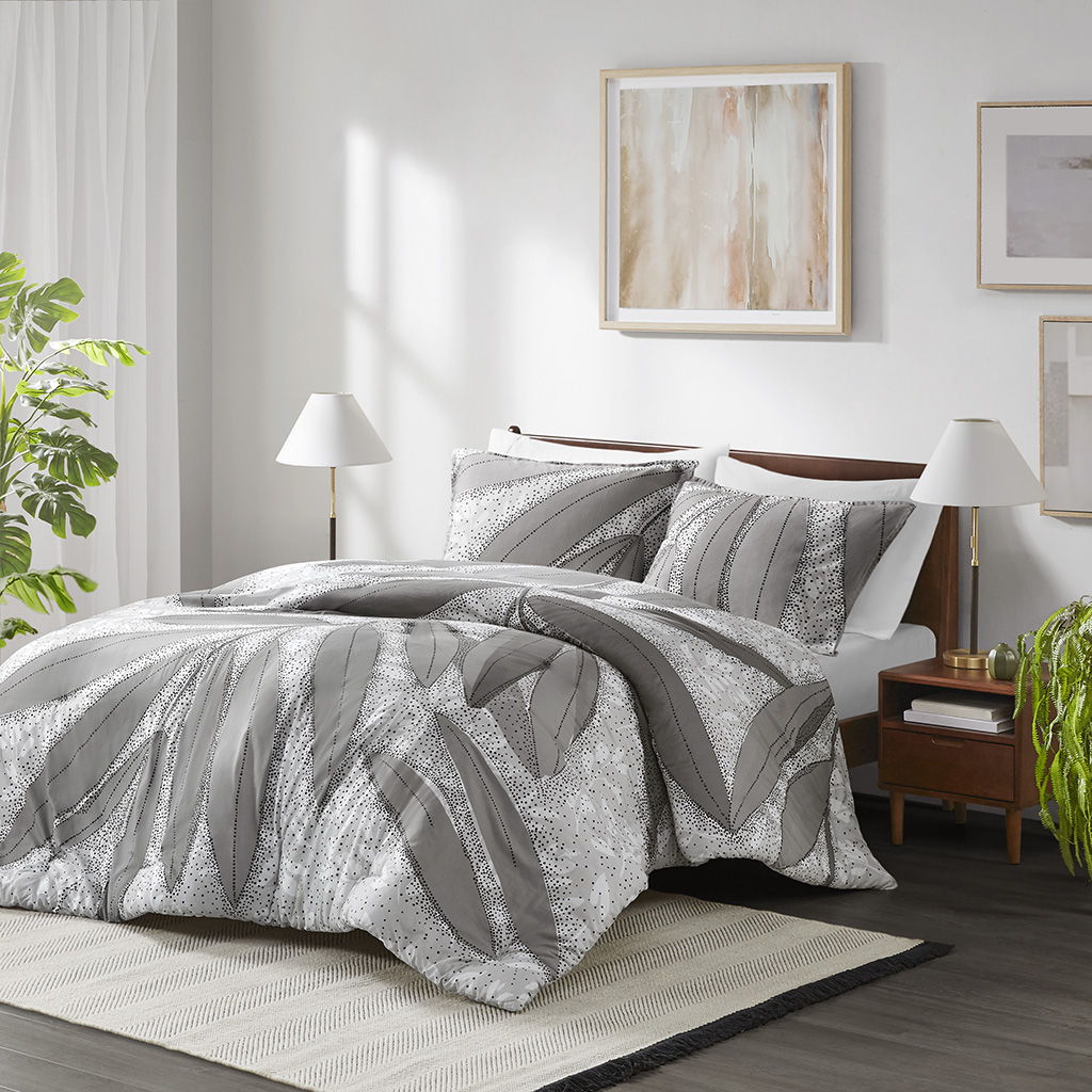 Adrian - Botanical Cotton Queen Duvet Cover Set - Gray