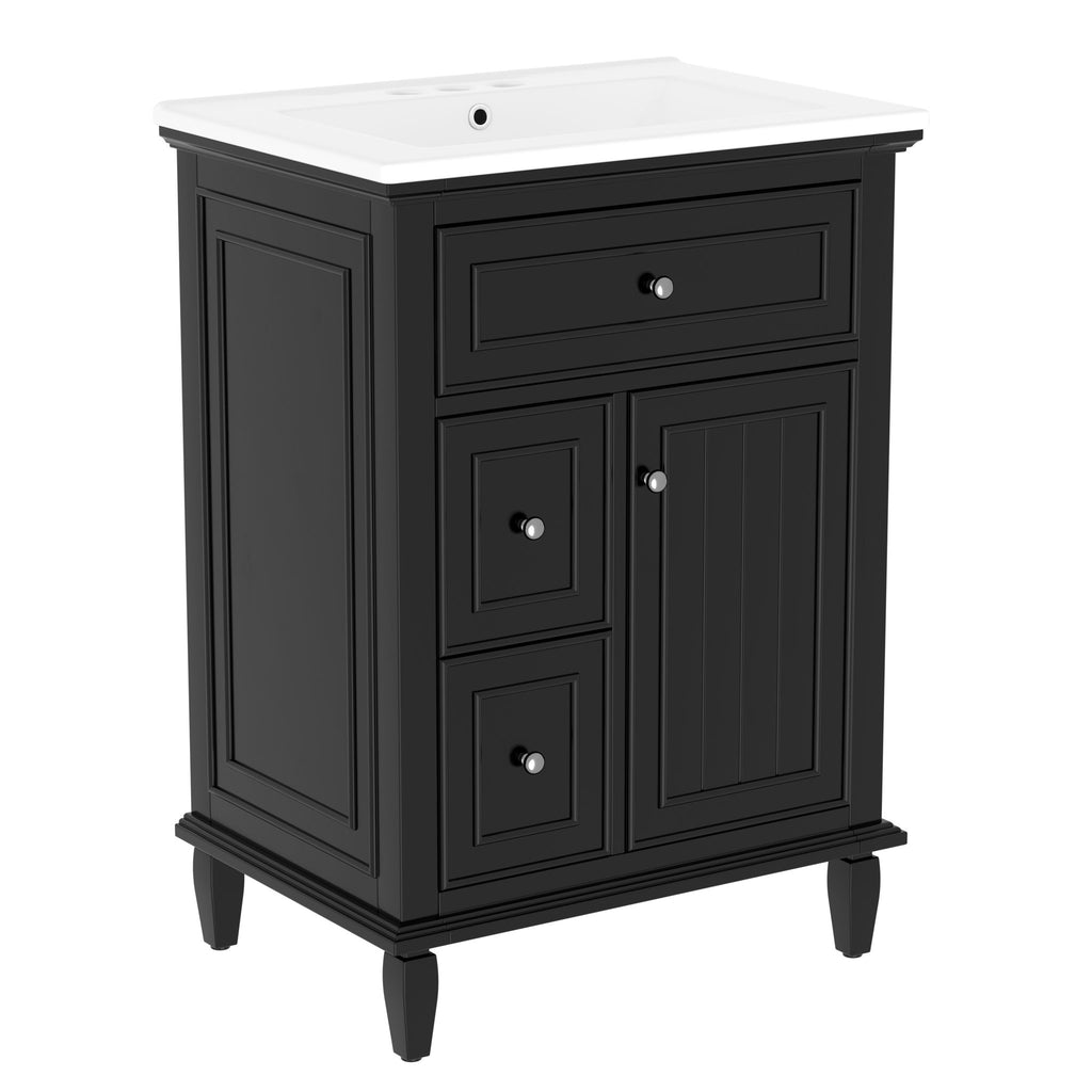 24" Bathroom Vanity With Sink, Cabinet, Adjustable Shelf, Flip Drawer & 2 Drawers - Black