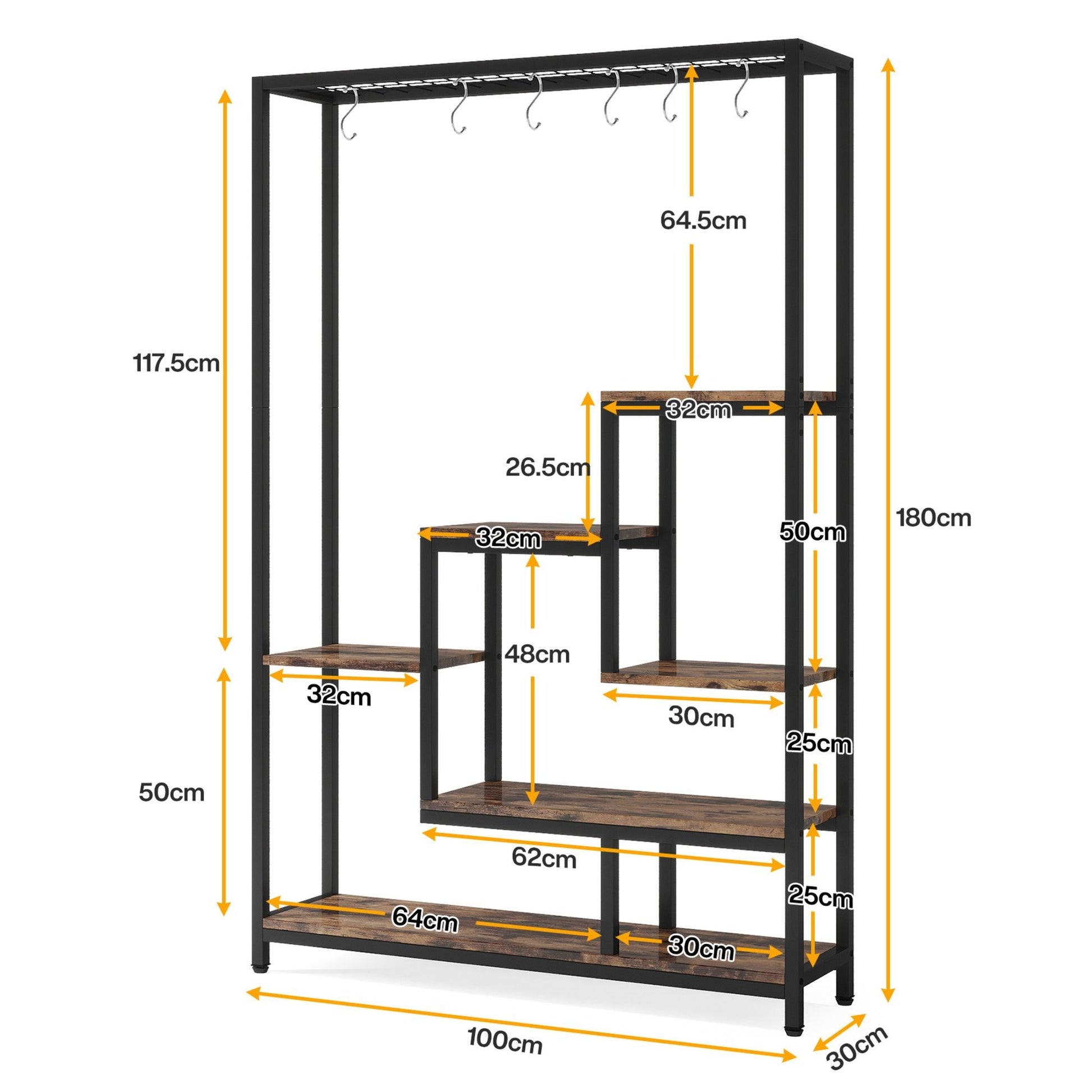 5 Tier Plant Stand With 6 Hooks For Living Room - Brown / Black