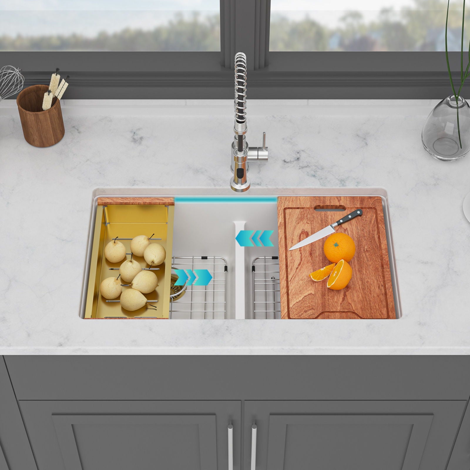 Quartz Kitchen Sink, Double Bowl Undermount Workstation