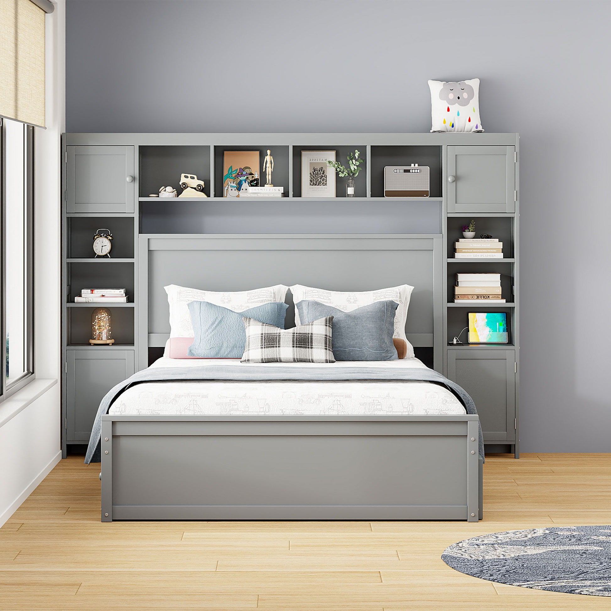Bed With All In One Cabinet, Shelf And Sockets, Twin Long Trundle