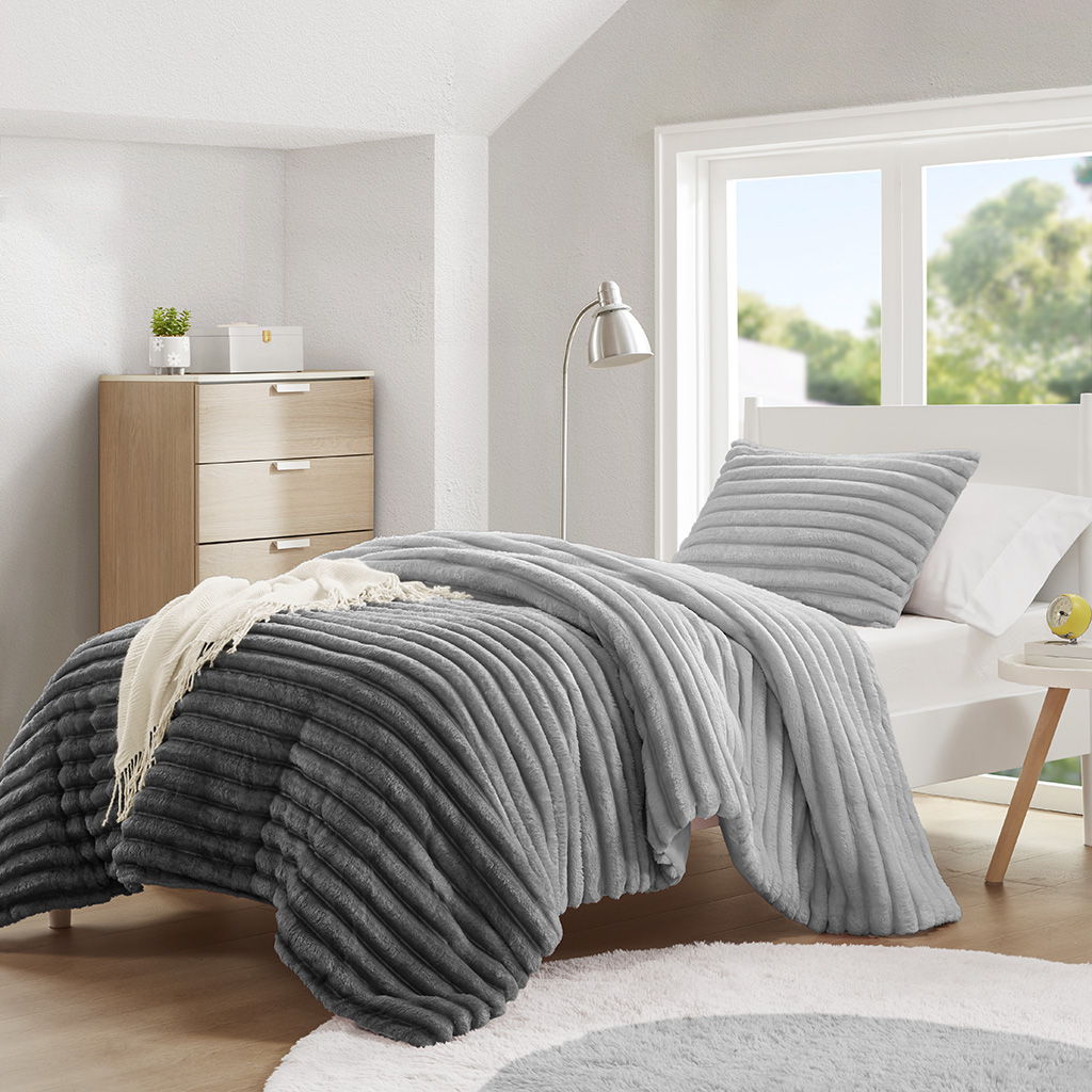 Avril - Twin/Twin Long Fluffy Ribbed Plush Comforter Set - Gray Ombre