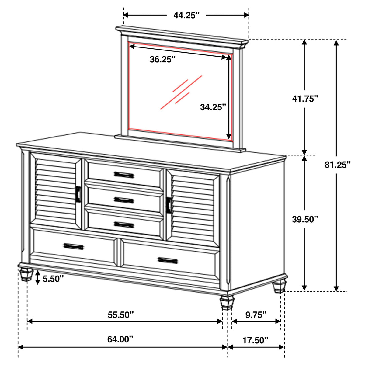 Lockeford - 5 Drawer Dresser With Mirror - White
