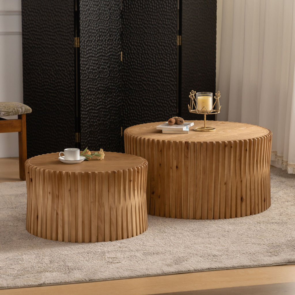 Cylindrical Coffee Table With Vertical Texture Relief