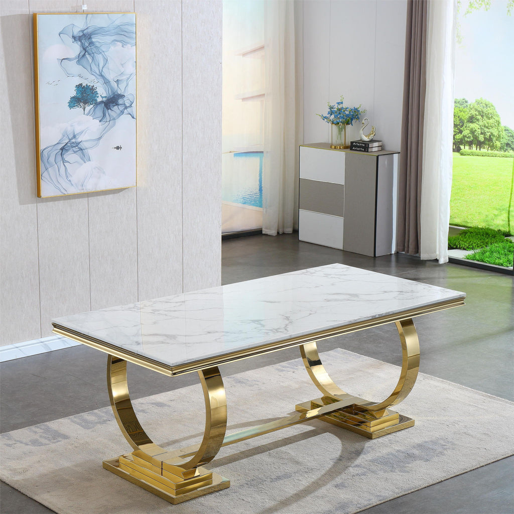 Modern Rectangular Marble Printing Dining Table, Double U Shape Stainless Steel Base With Mirrored Finish