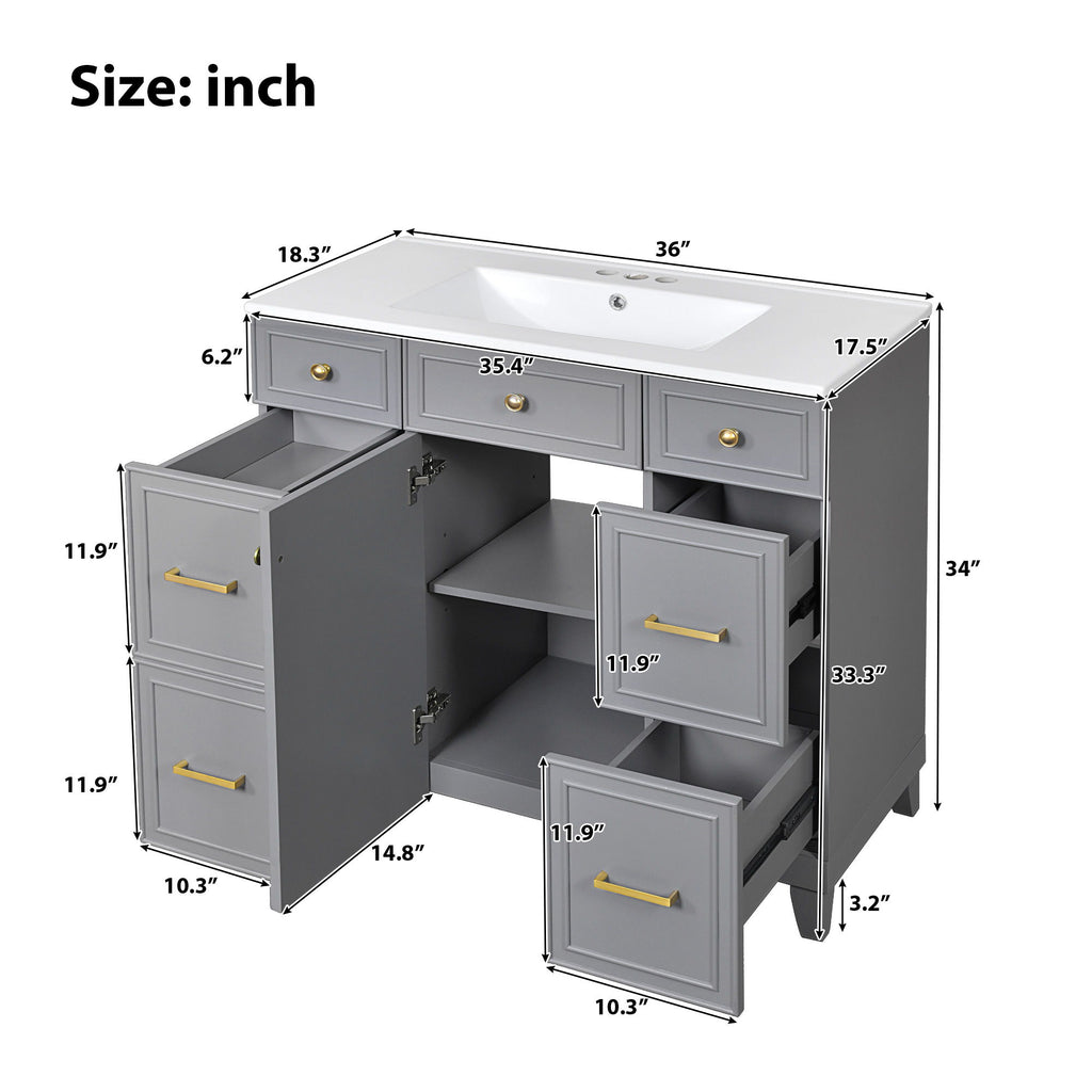 Bathroom Vanity With Ceramic Sink, Soft Close Doors, Adjustable Shelves