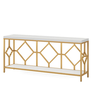 Extra Long Sofa Table With Diamond Pattern Frame, 2 Tier Open Storage For Living Room - White / Gold