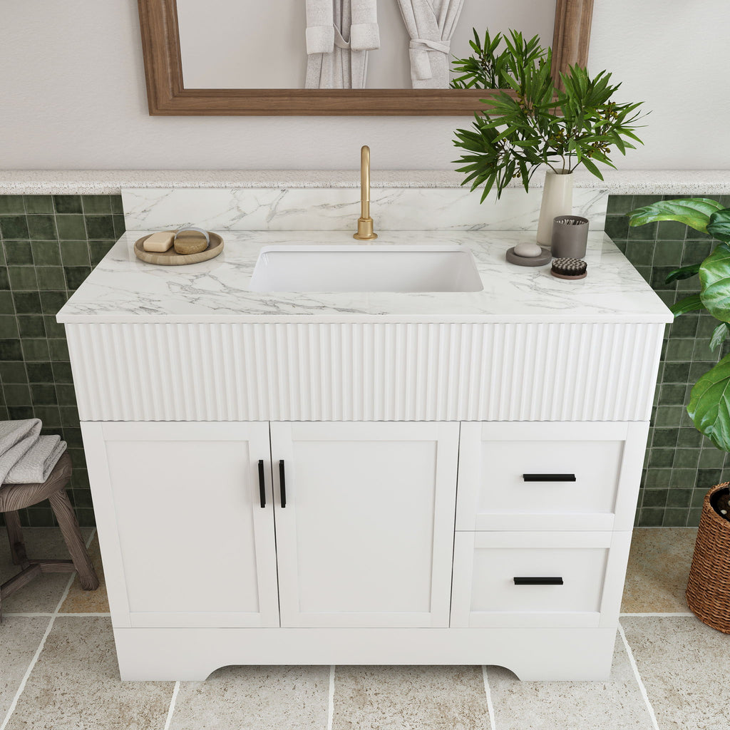 Bathroom Vanity Set, Fluted Cabinet, Soft Close Doors & Drawers, Single Faucet Hole, Sink Included - White