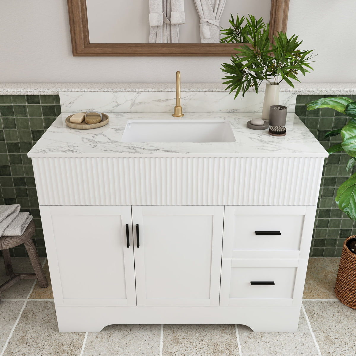 Bathroom Vanity Set, Fluted Cabinet, Soft Close Doors & Drawers, Single Faucet Hole, Sink Included - White