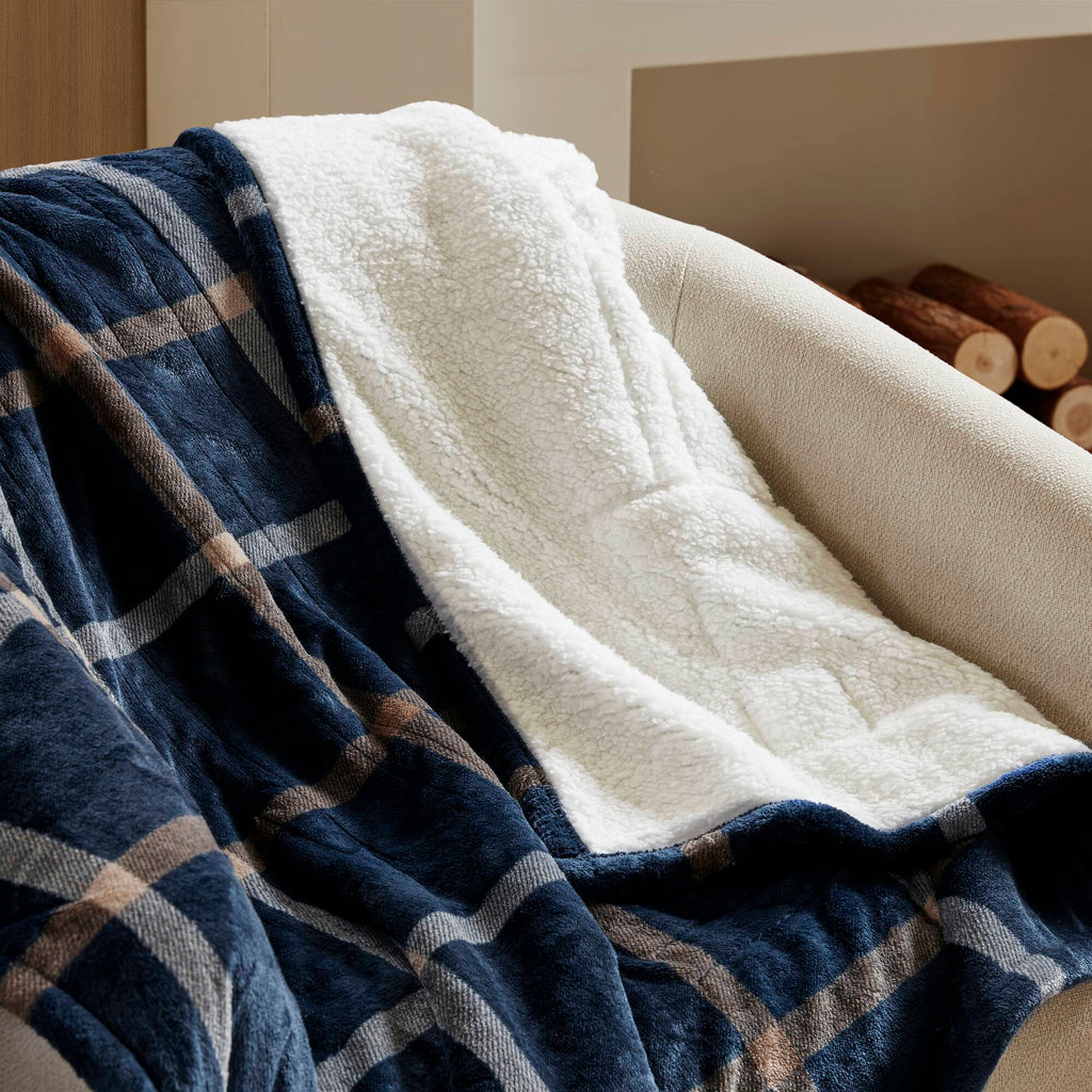 Print Plush To Sherpa - 50X60" Heated Throw - Navy Plaid