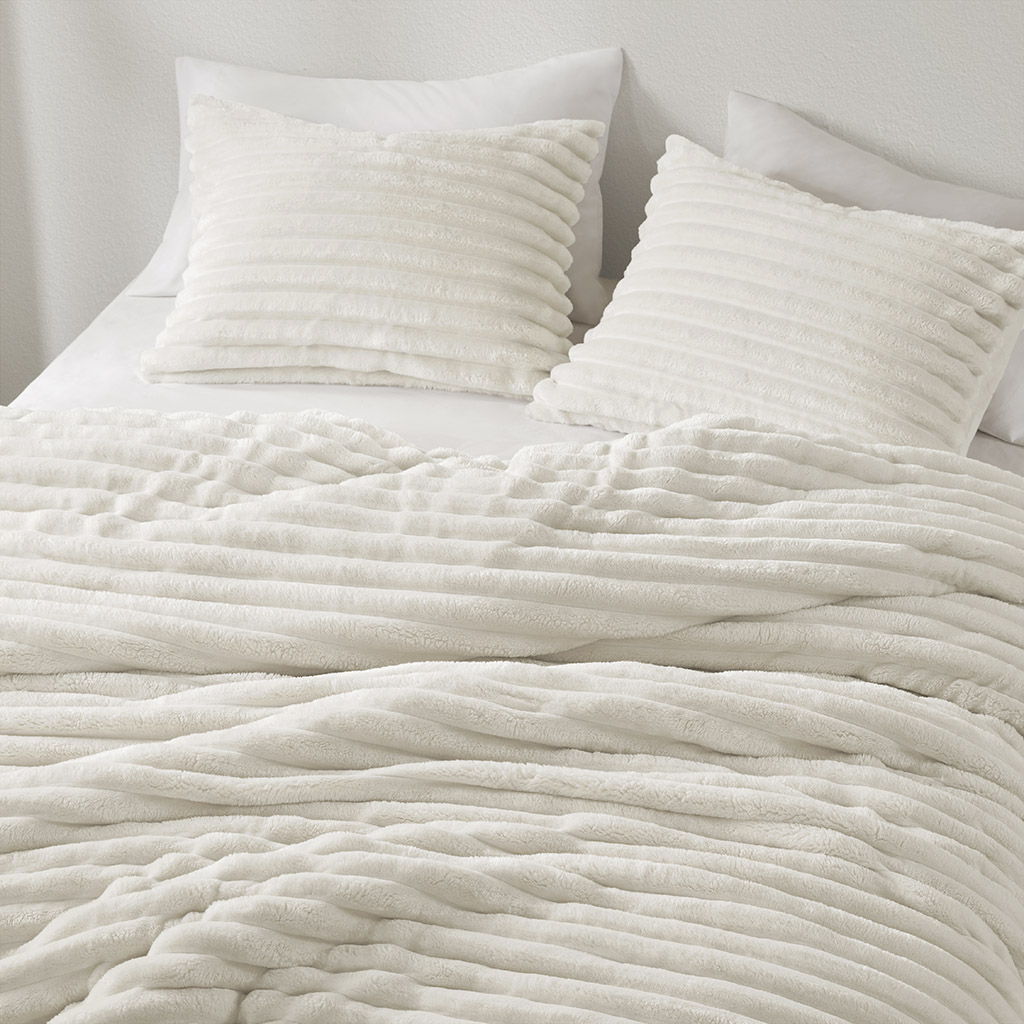 Avril - Twin/Twin Long Fluffy Ribbed Plush Comforter Set - Ivory