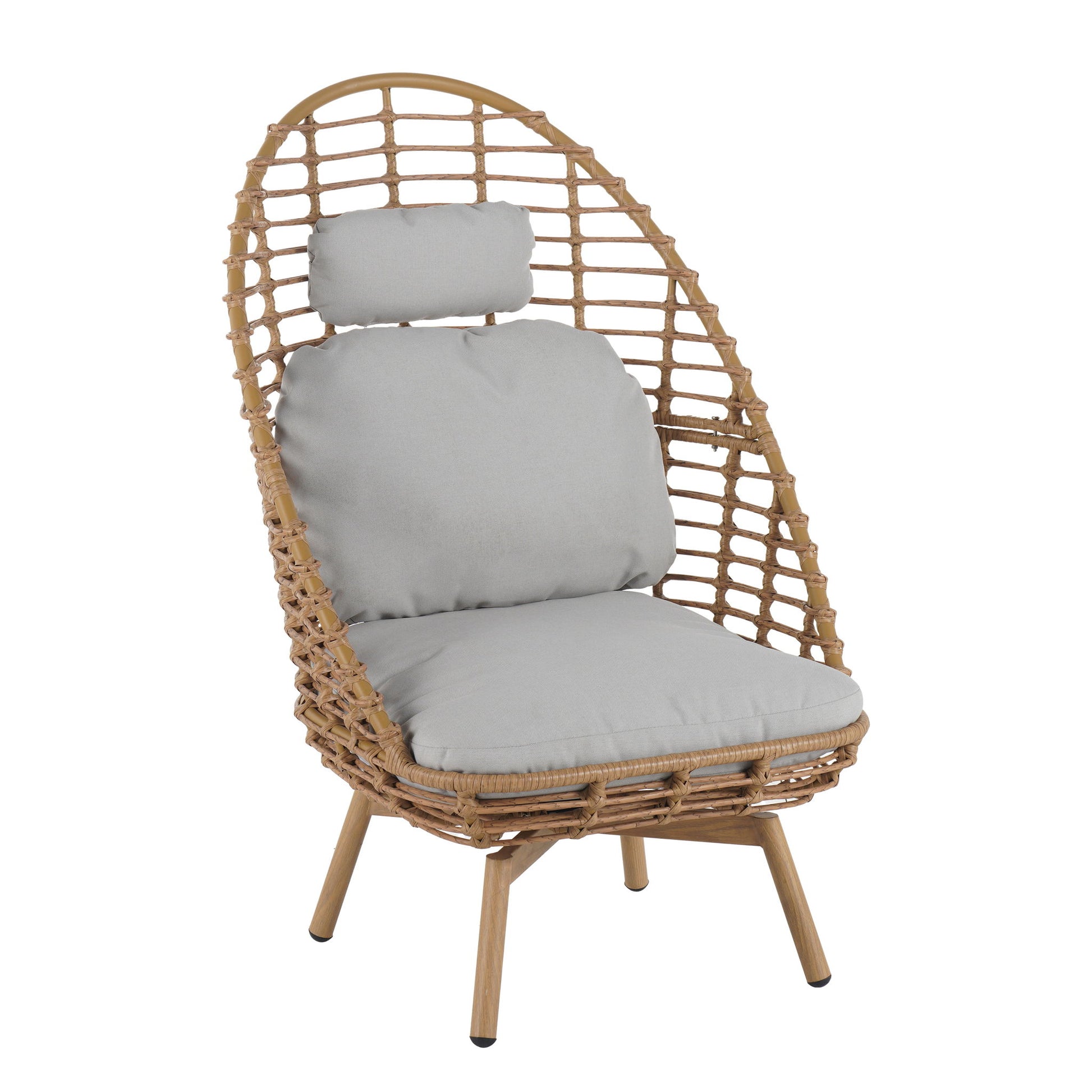 Ellis - Outdoor Wicker High Back Lounge Chair, Teak Finished Leg - Light Brown / Beige
