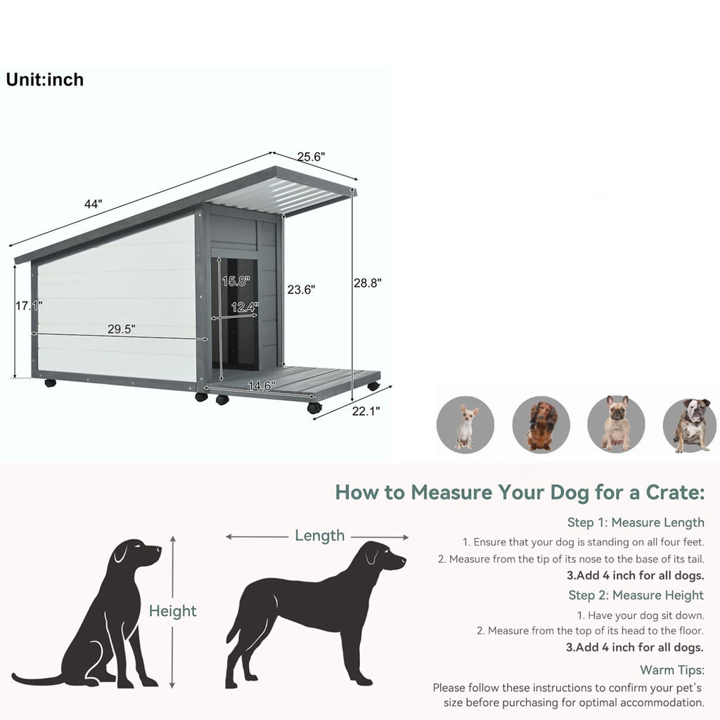 Modern Design Outdoor Dog House With Food Bowl And Wheels Pine - Gray / White