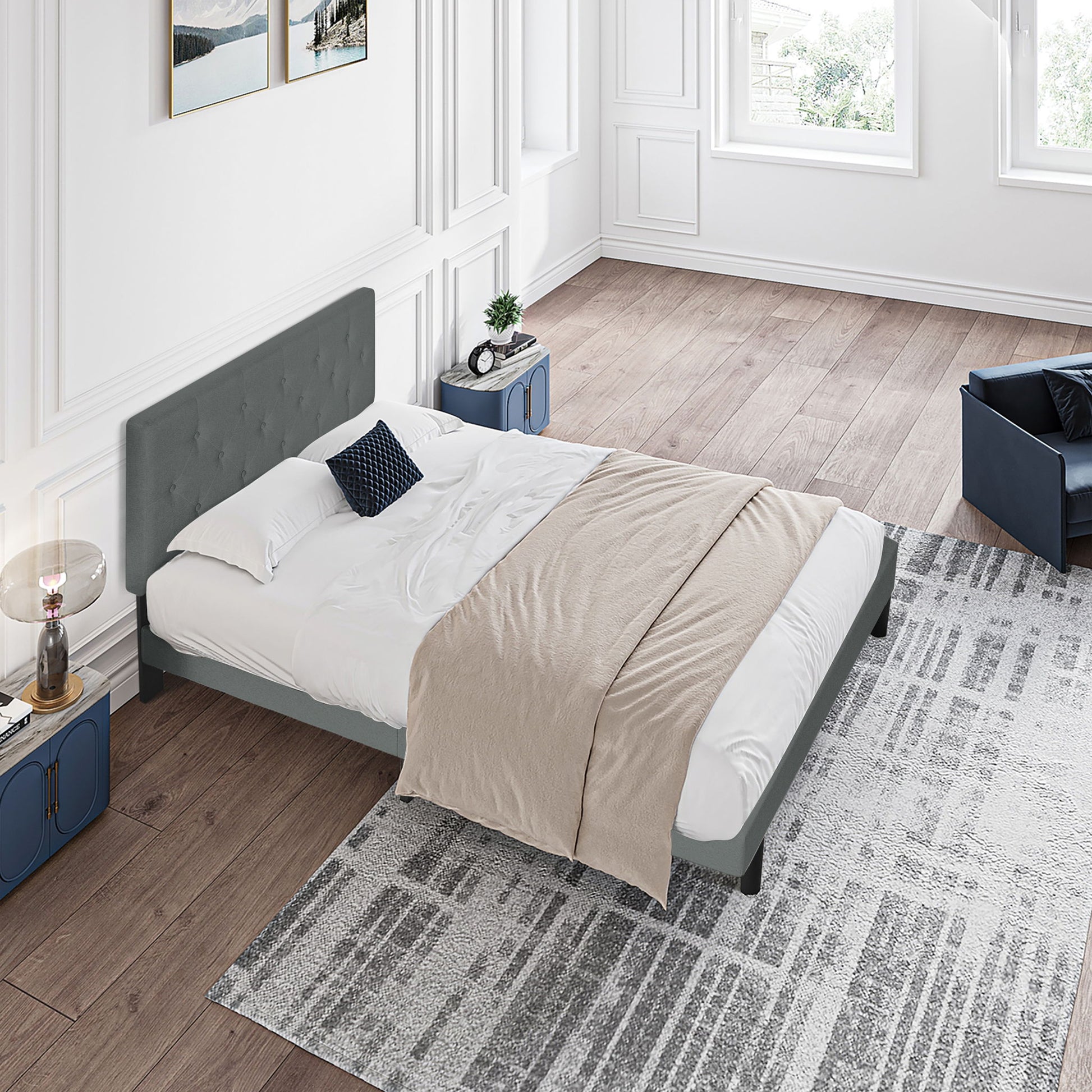 Modern Upholstered Platform Bed Frame With Button Tufted Linen Fabric Headboard