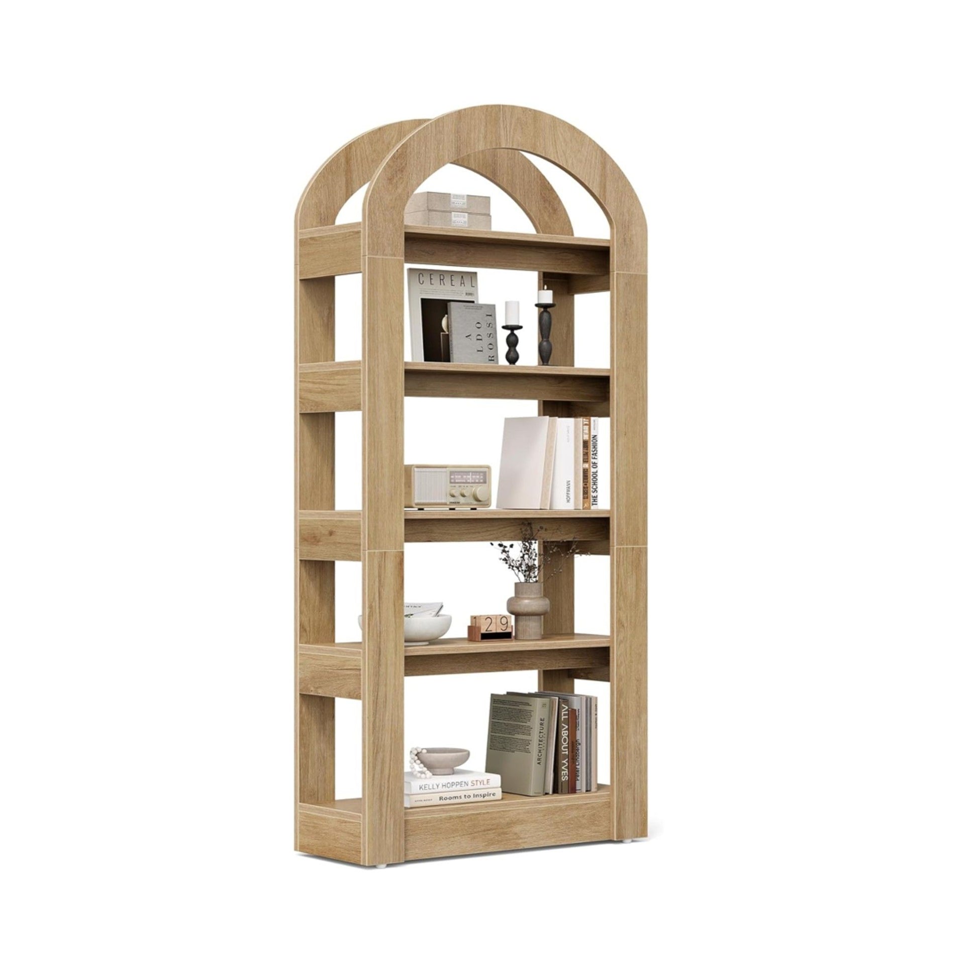 Arched 5 Tier Bookshelf, Deep Storage - Teak
