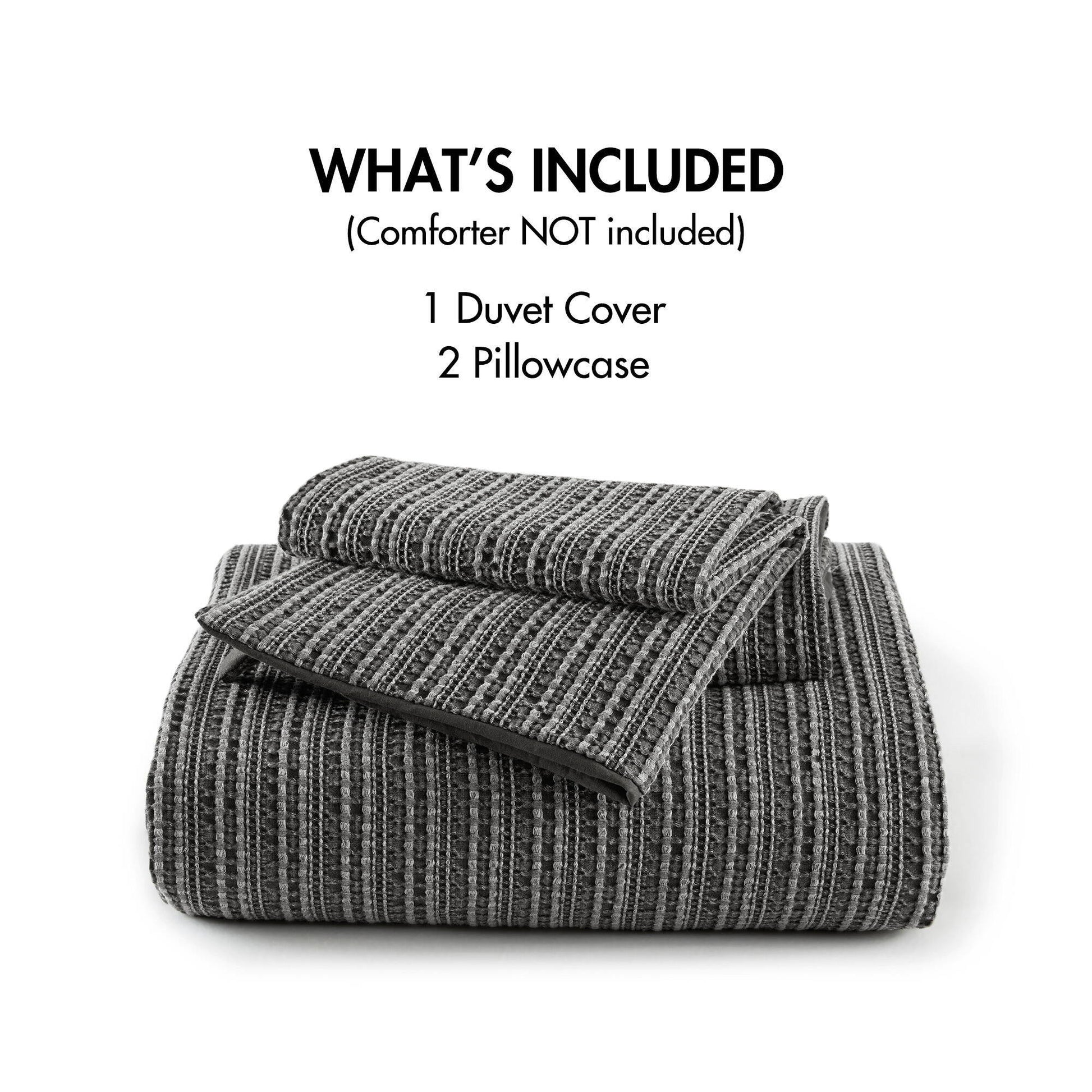 Lyon - 3 Piece Full/Queen Waffle Washed Duvet Set - Charcoal