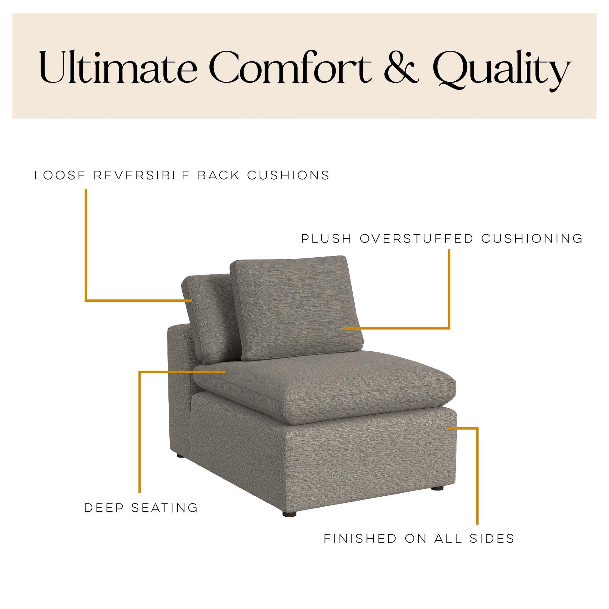 York - Modular Armless Chair With Overstuffed Cushion And Adjustable Pillows - Taupe