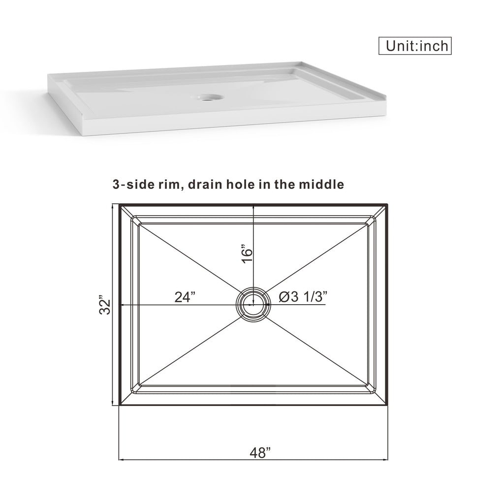 Shower Base Anti Slip Center Drain Single Threshold 32" X 48" - White