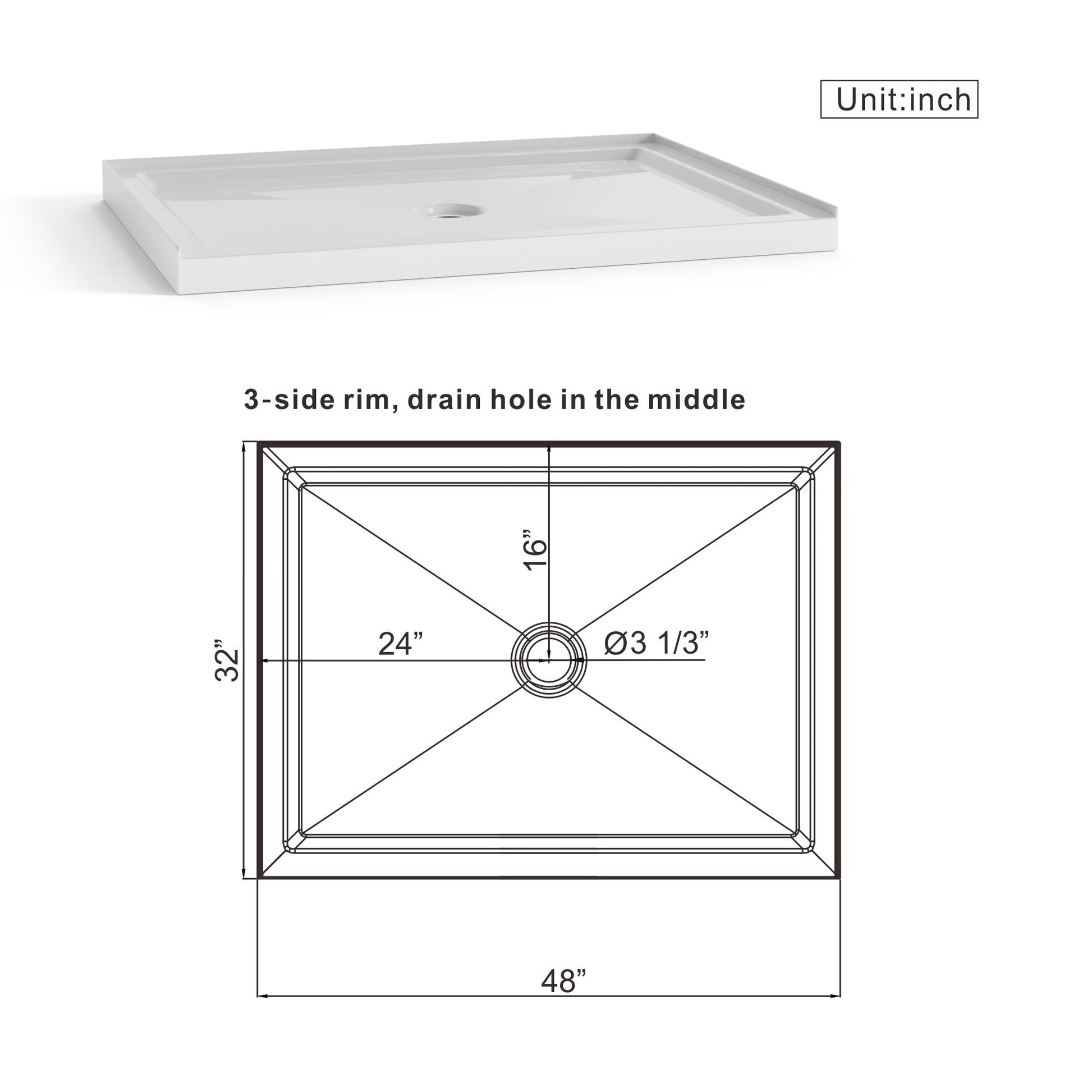Shower Base Anti Slip Center Drain Single Threshold 32" X 48" - White