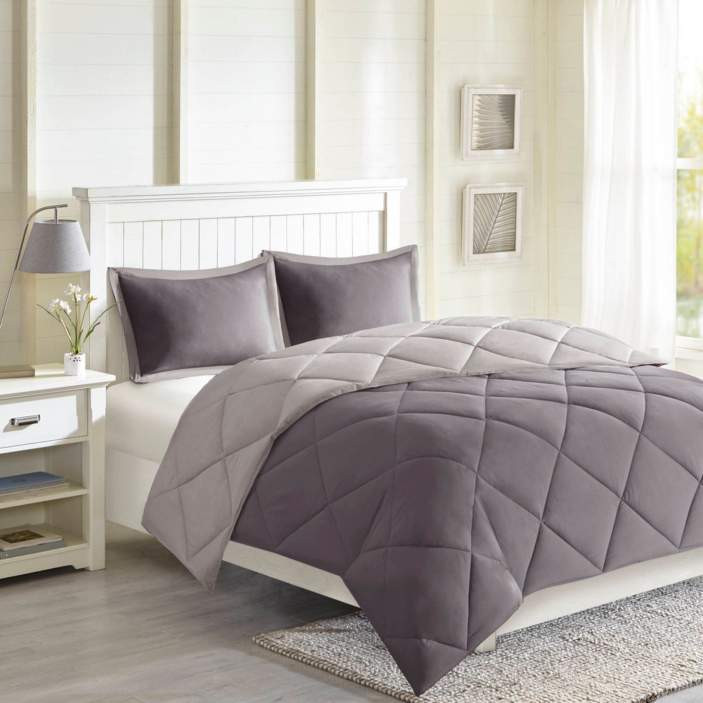 Larkspur - King 3M Scotchgard Diamond Quilting Reversible Down Alternative Comforter Set - Charcoal / Gray