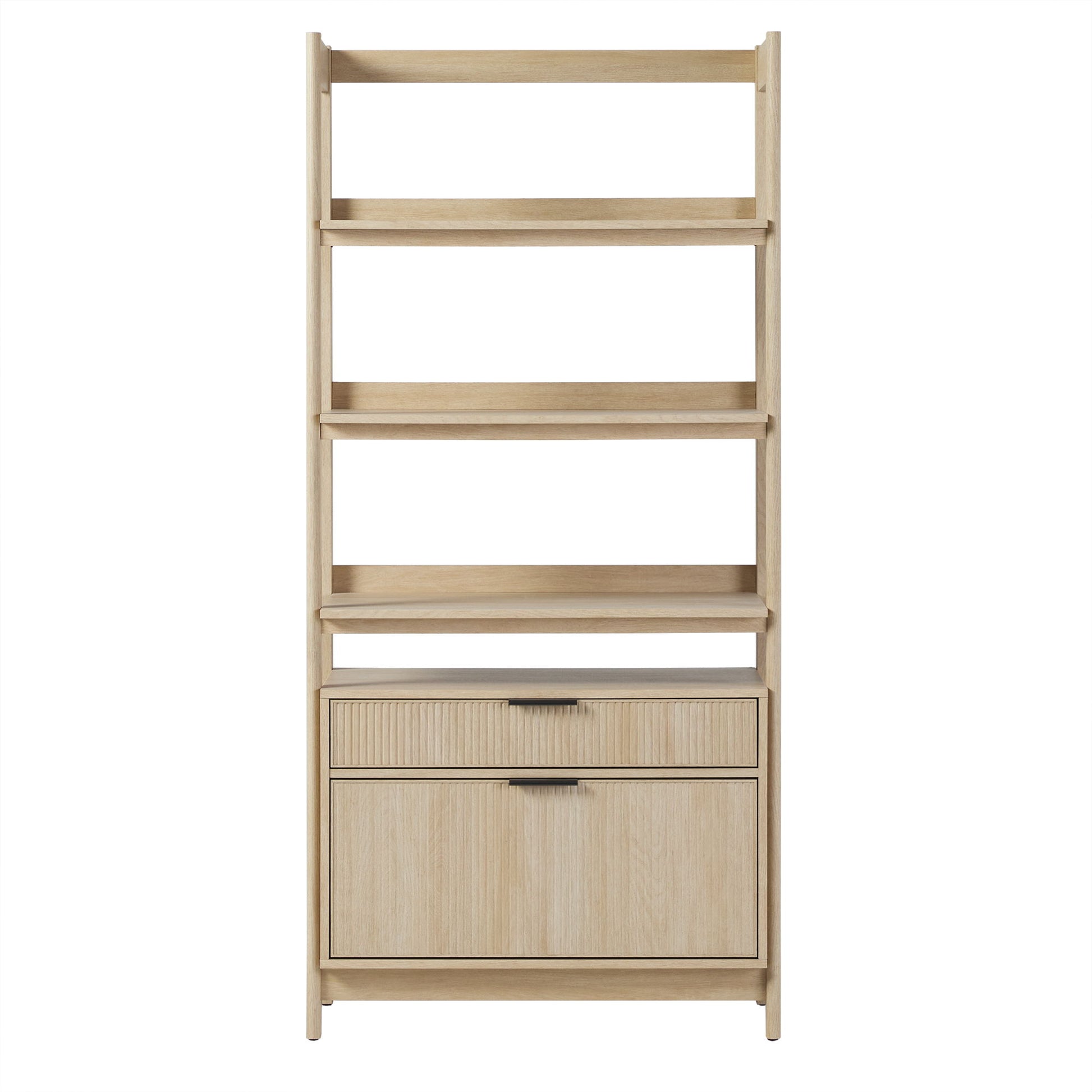 Transitional Wide Reeded Bookshelf With Drawers On Bottom