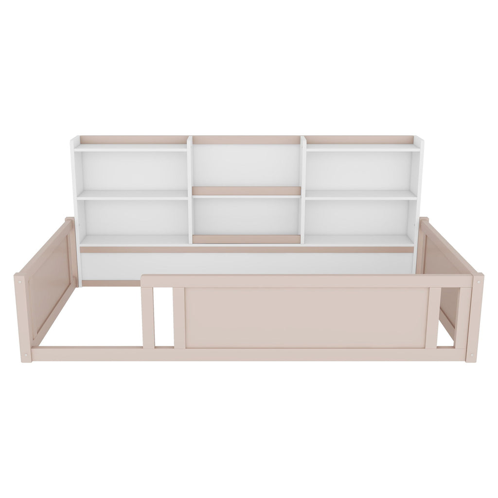 Platform Floor Bed With Guardrail Fence And Side Storage Shelves