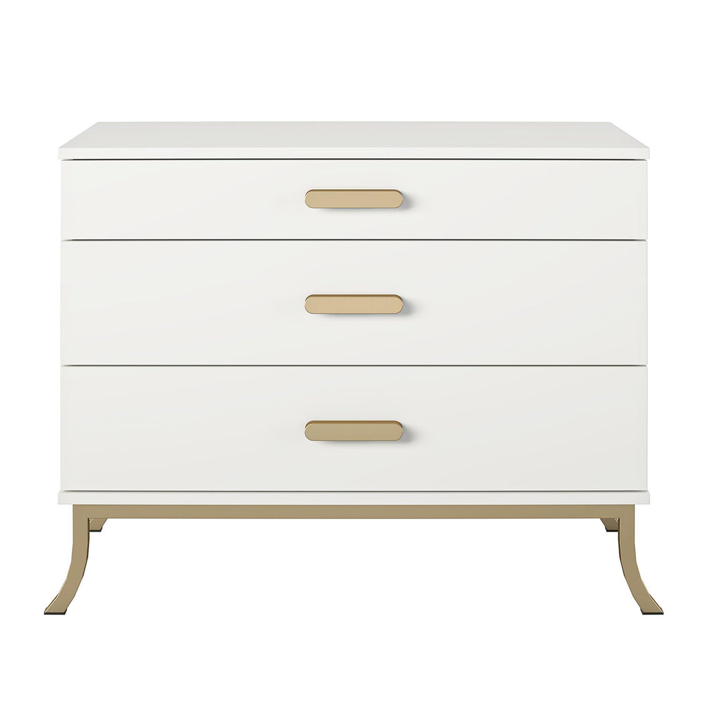 3 Drawer Dresser With Oval Handles - White / Gold