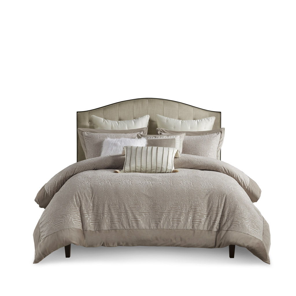 Pescal - Queen Velvet Comforter Set With Euro Shams and Throw Pillows - Beige