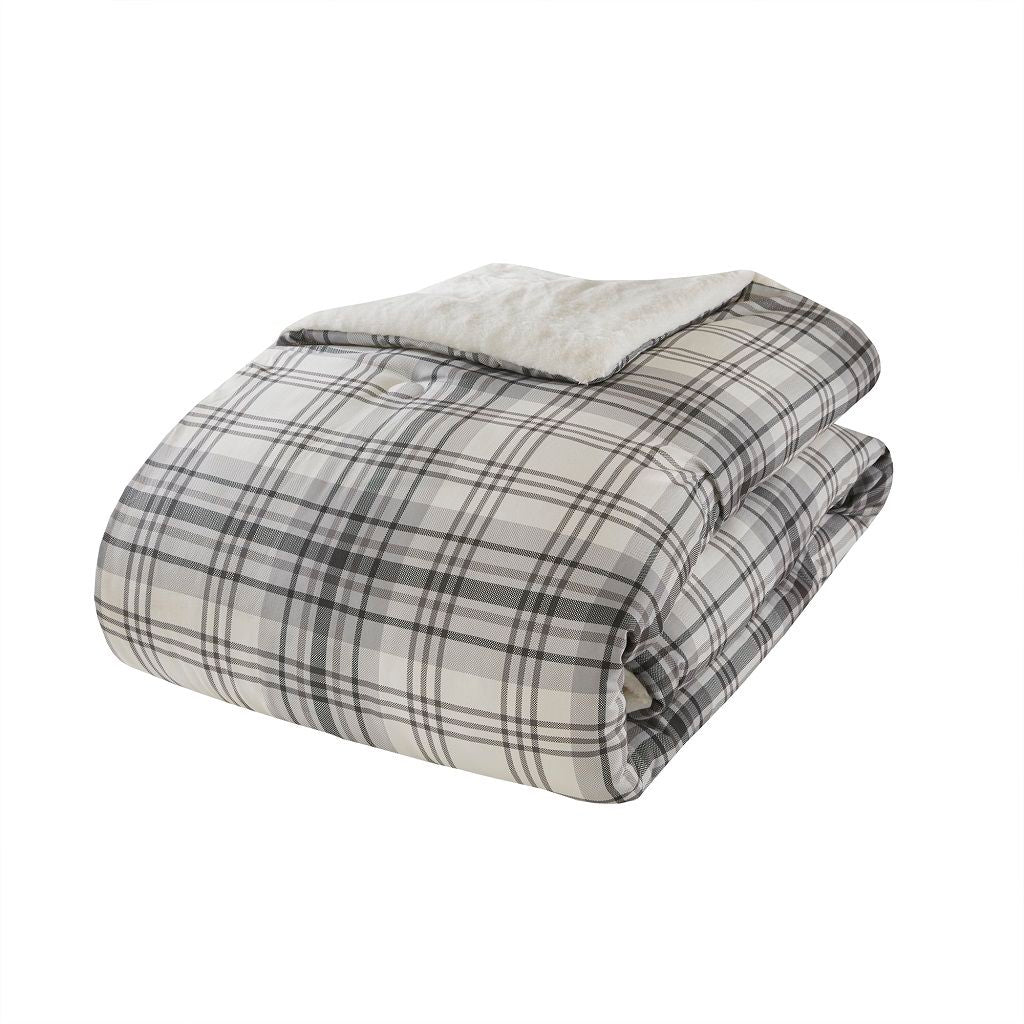 Bernston - Faux Wool to Faux Fur Down Alternative Queen Comforter Set - Gray Plaid